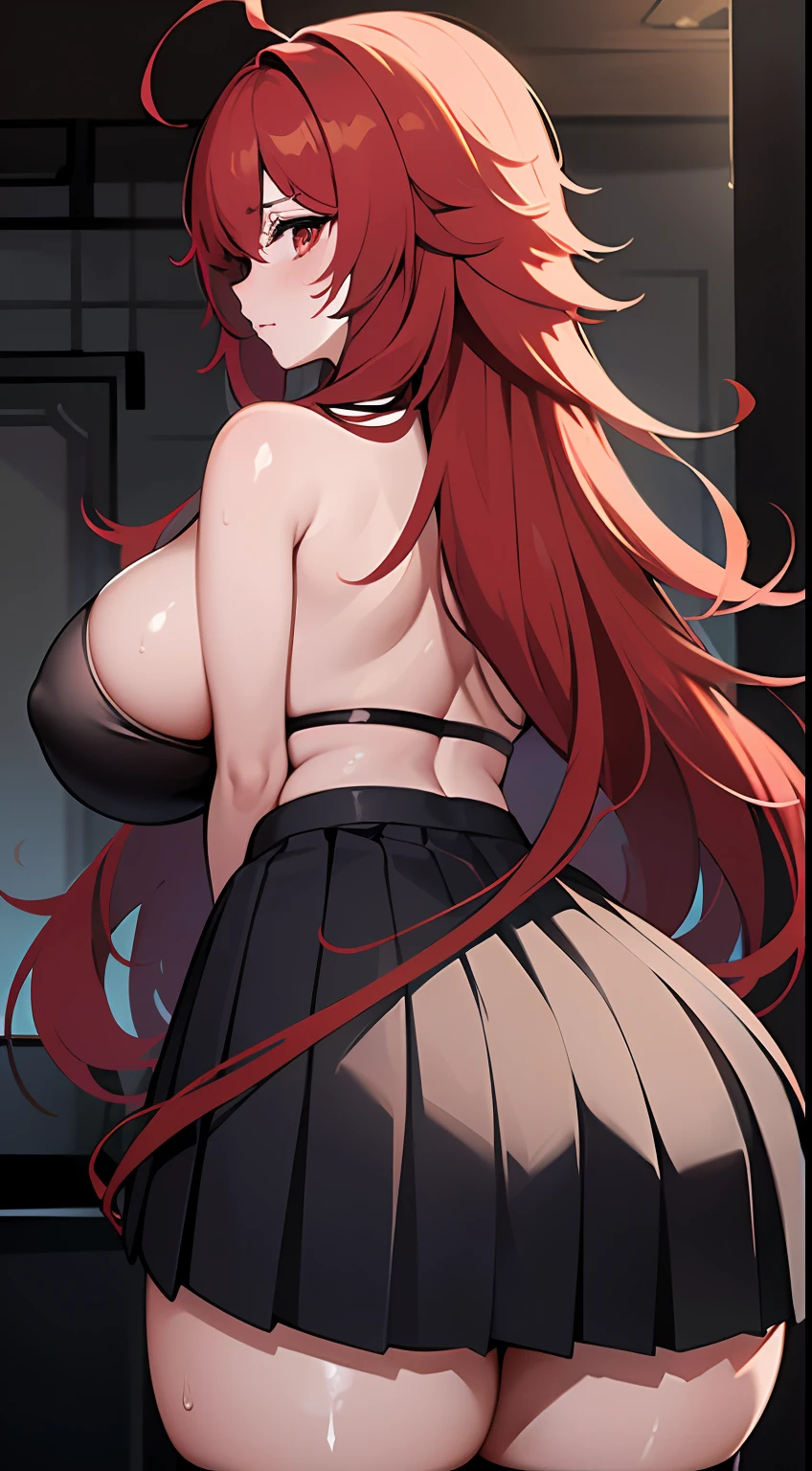 (((masterpiece))), ((best quality)), (((nihilister))), ((1girl:1.3)), solo, ass, ((pleated_skirt)), ahoge, breasts, huge_ass, sweat, long_hair, sideboob, thighs, leotard, red eyes, huge breasts, red hair