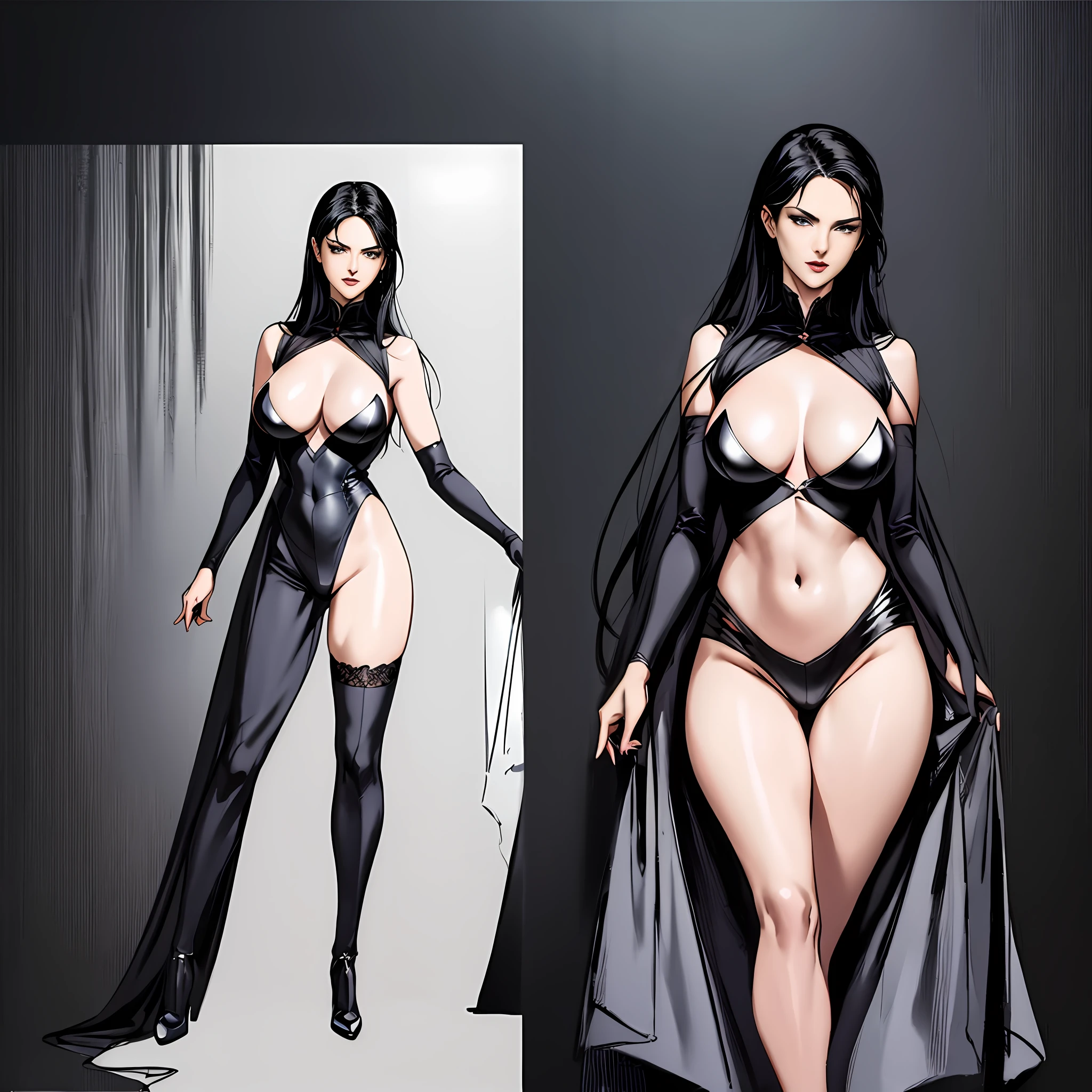Illustration art, full body movement, sexy woman in black outfit, underworld woman, very cool facial expression, gorgeous background, great erotic art, line art, sexy art, detailed body part details, long legs, inspired by J.C. Leyendecker, epic European and American illustrations