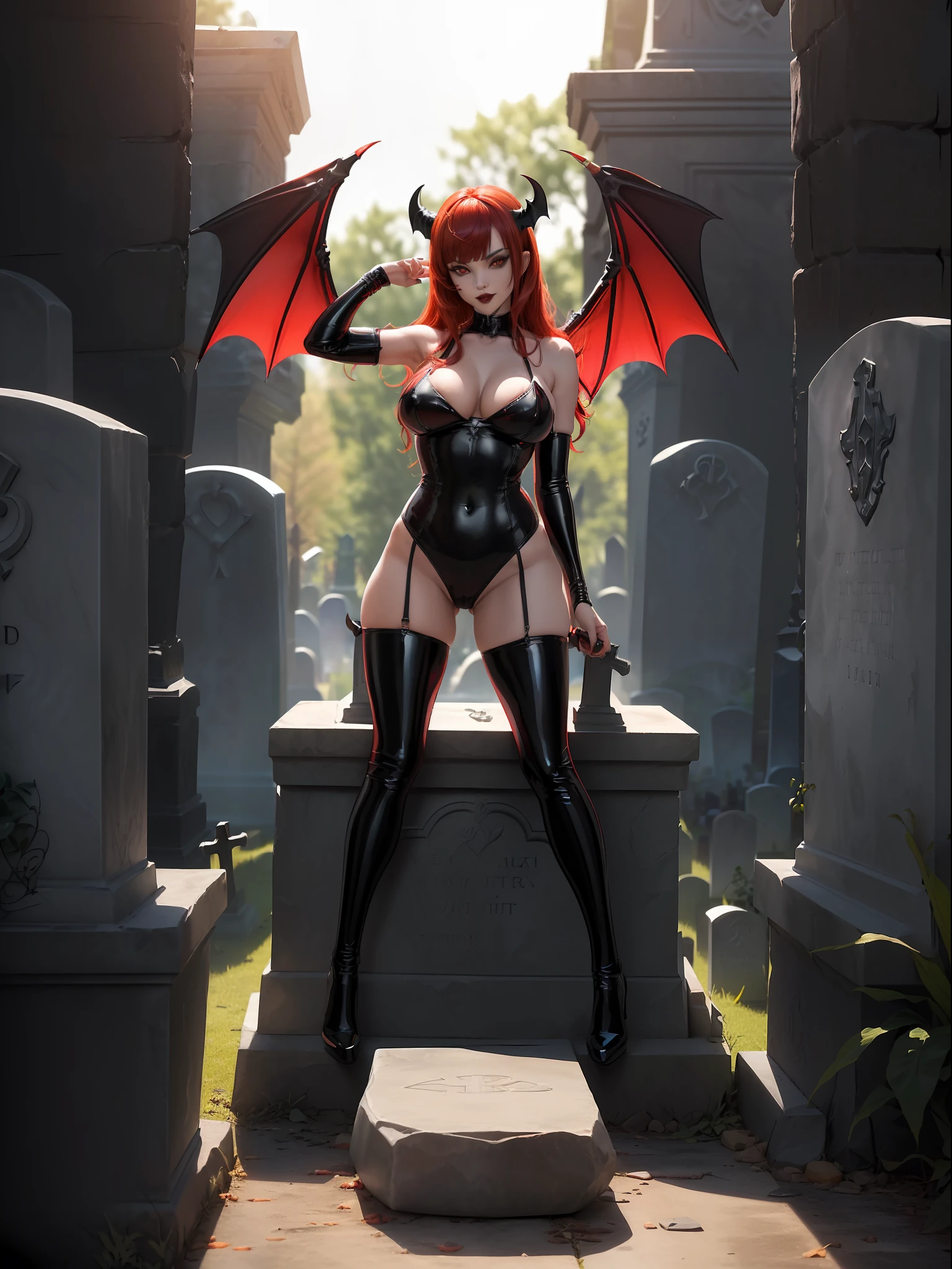 {((1vampire woman with black horns))}, {((wearing erotic clothing made of black latex with red parts, extremely tight and tight on the body)), ((she has large bat wings on her back)), (((absurdly large and firm breasts)), ((looking at the viewer, messy red hair with bangs)), she is (((posing sensually pose, [leaning against a gate of railings with arrowheads|leaning against a tombstone|sitting on a high tombstone]))),  ((in a cemetery, it's daytime, strong sunlight, light fixtures stuck in stones from faded tombstones)), (((full body))), 16k, UHD, ((Better quality, better resolution, better detail))