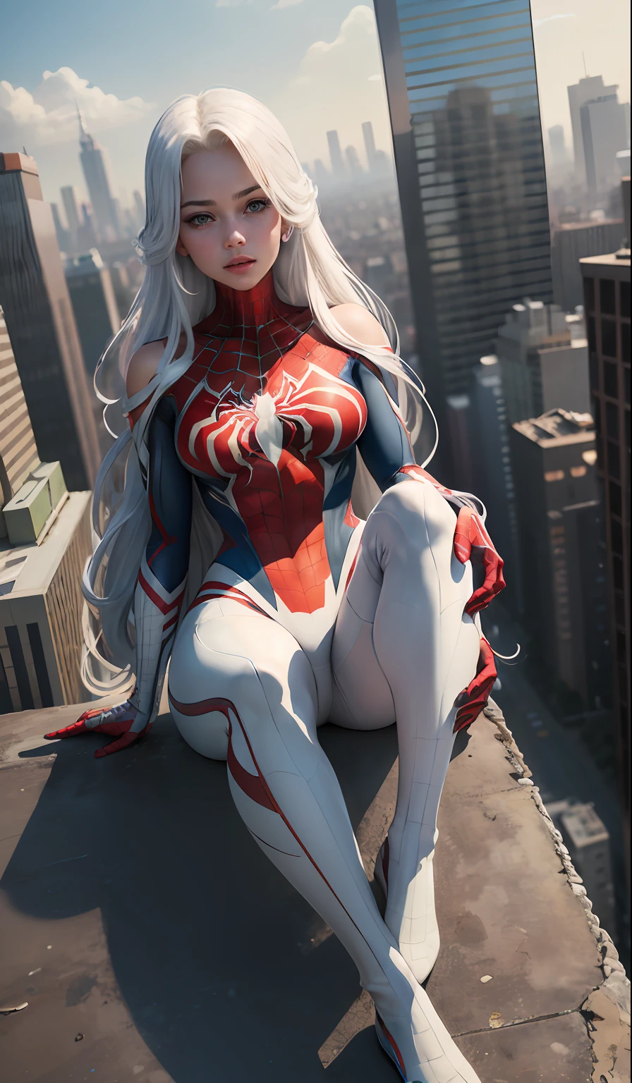 4k, realistic, carismatic, very detail, there is a girl on top city, wearing spiderman costum, she is a spiderman, white super hero theme, white long hair, 25 years old, full body