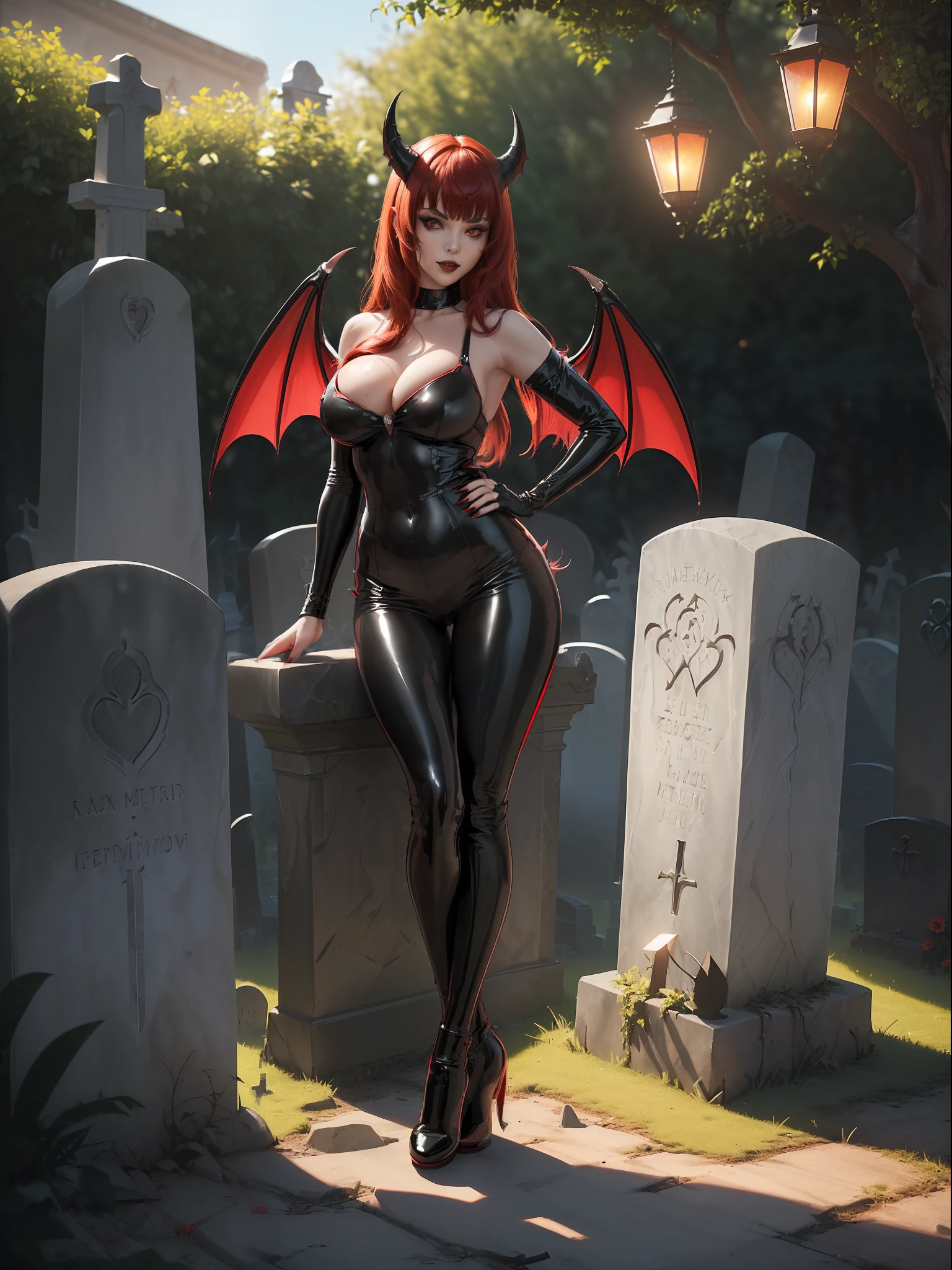 {((1vampire woman with black horns))}, {((wearing erotic clothing made of black latex with red parts, extremely tight and tight on the body)), ((she has large bat wings on her back)), (((absurdly large and firm breasts)), ((looking at the viewer, messy red hair with bangs)), she is (((posing sensually pose, [leaning against a gate of railings with arrowheads|leaning against a tombstone|sitting on a high tombstone]))),  ((in a cemetery, it's daytime, strong sunlight, light fixtures stuck in stones from faded tombstones)), (((full body))), 16k, UHD, ((Better quality, better resolution, better detail))