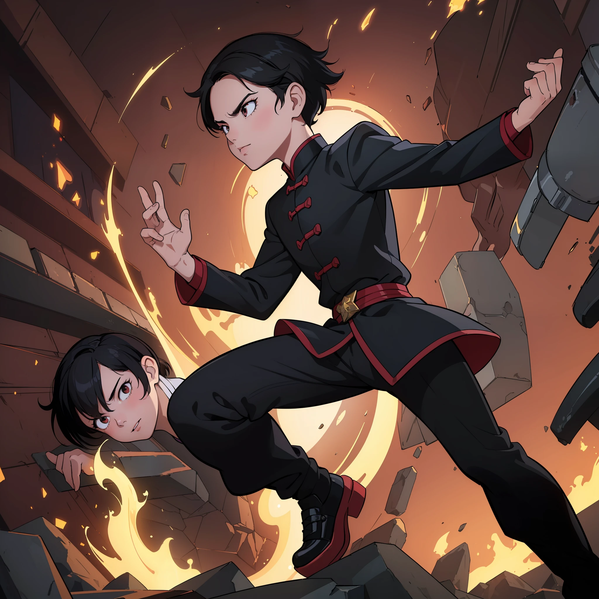 (masterpiece, best quality, 8k, high resolution:1.4), 1boy, man, boy, black hair, short hair, kung fu pose, red coat, black pants, star vs the forces of evil style, happy, dark outfit, looking at camera, good vibe, black wallpaper, solo, fire in back,