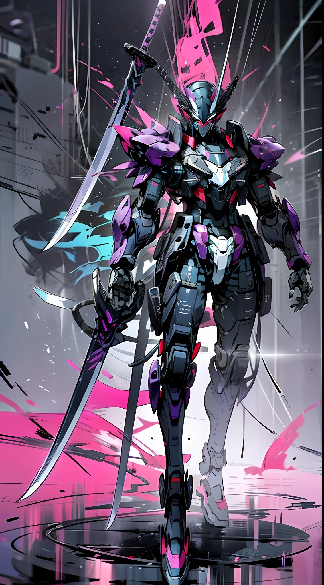 Raw foto,Dark_Fantasy, Cyberpunk, (Big Revolver, Sword Man, Violet: 1.1), 1man, Mechanical Wonder, Robotic Presence, Cybernetic Guardian, indigo, black, samurai Gundam, extremely high detailed, half-body, purple cobra, pink Gundam, venom,