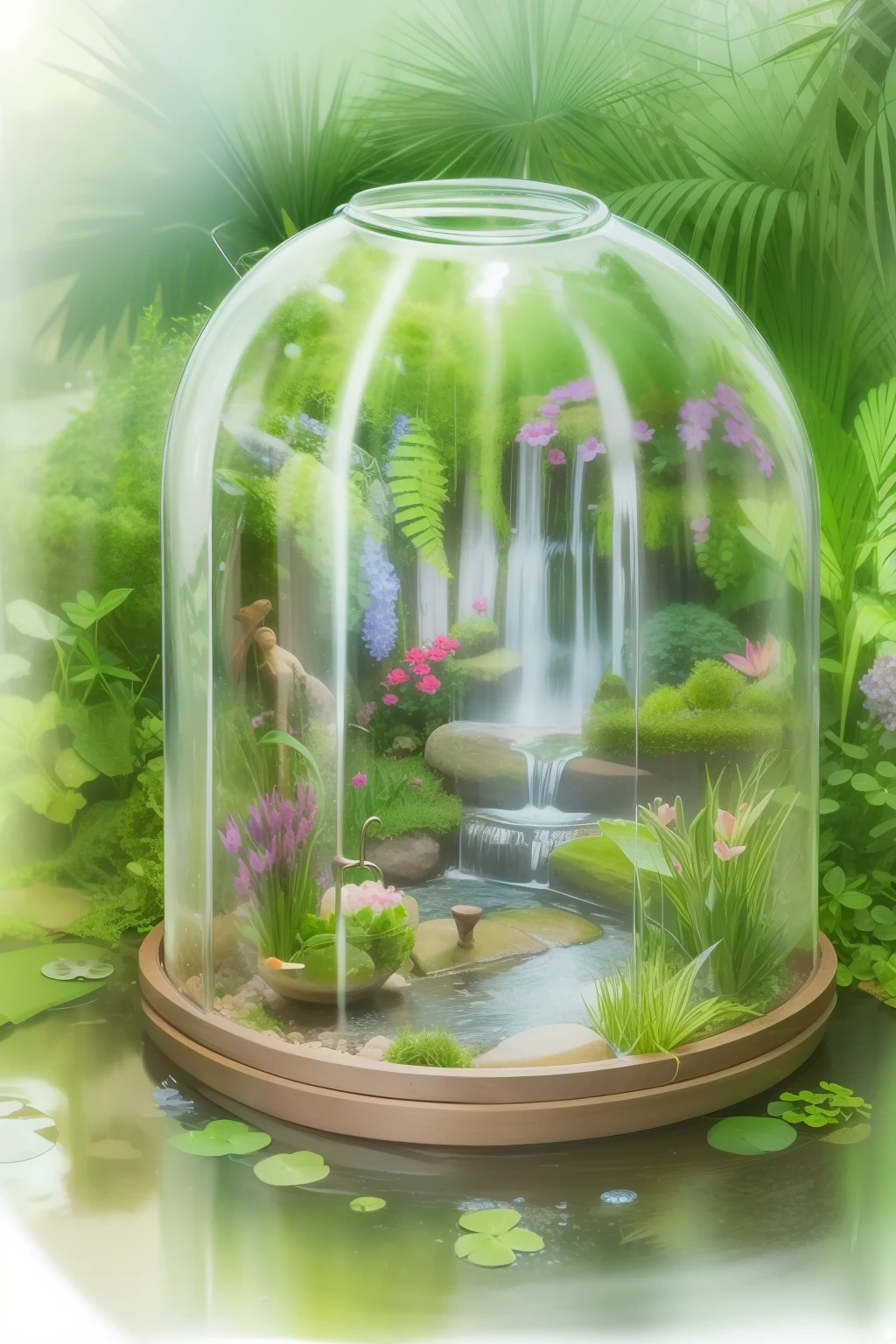 imagine prompt: A lush terrarium with a miniature enchanted forest, featuring vibrant flora and fauna, a tiny waterfall cascading into a crystal-clear pond, rays of soft sunlight filtering through a glass dome, creating a magical atmosphere, Illustration, watercolor on paper, --ar 1:1 --v 5
