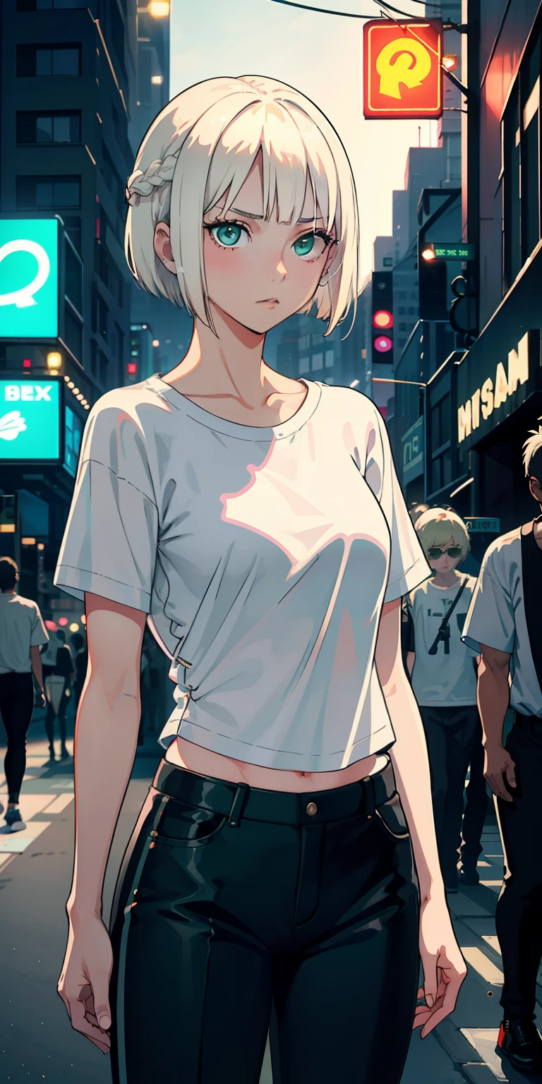 masterpiece, best quality, nsfw, 1girl, platinum blonde hair, short hair, green eyes, braids, small perky breasts, on the street, night, neon light, white t-shirt, braless, black pants, poker face, front view, standing, in crowd,