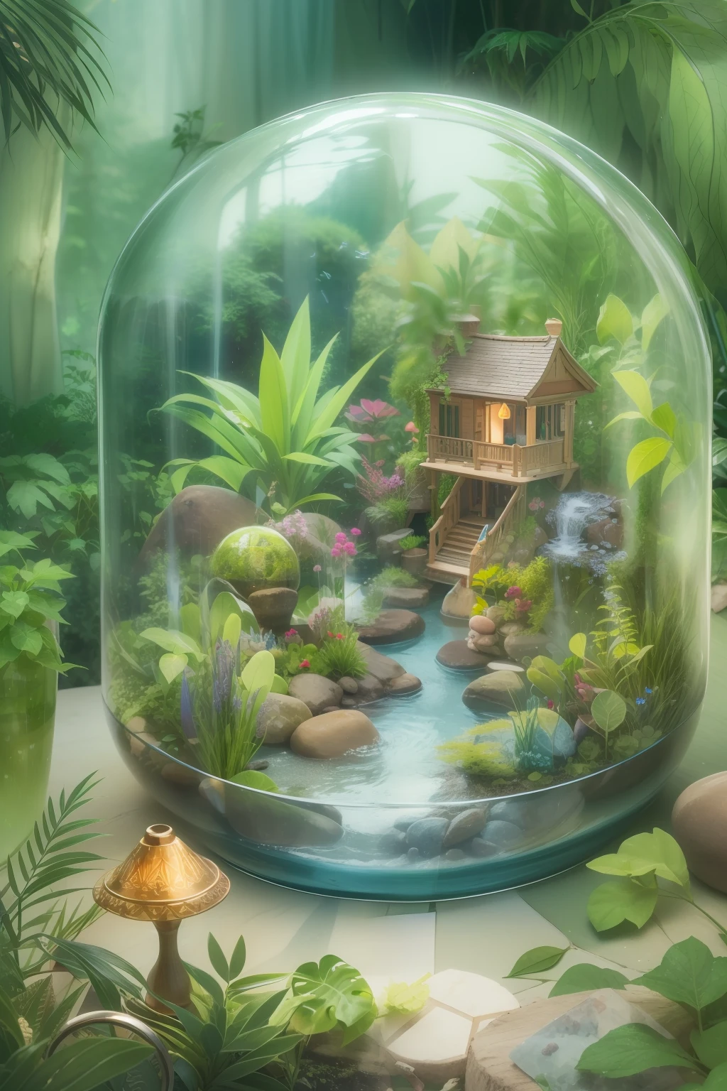 imagine prompt: A lush terrarium with a miniature enchanted forest, featuring vibrant flora and fauna, a tiny waterfall cascading into a crystal-clear pond, rays of soft sunlight filtering through a glass dome, creating a magical atmosphere, Illustration, watercolor on paper, --ar 1:1 --v 5