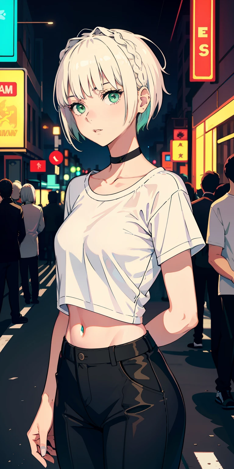 masterpiece, best quality, nsfw, 1girl, platinum blonde hair, short hair, green eyes, braids, small perky breasts, on the street, night, neon light, white t-shirt, braless, black pants, poker face, front view, standing, in crowd,