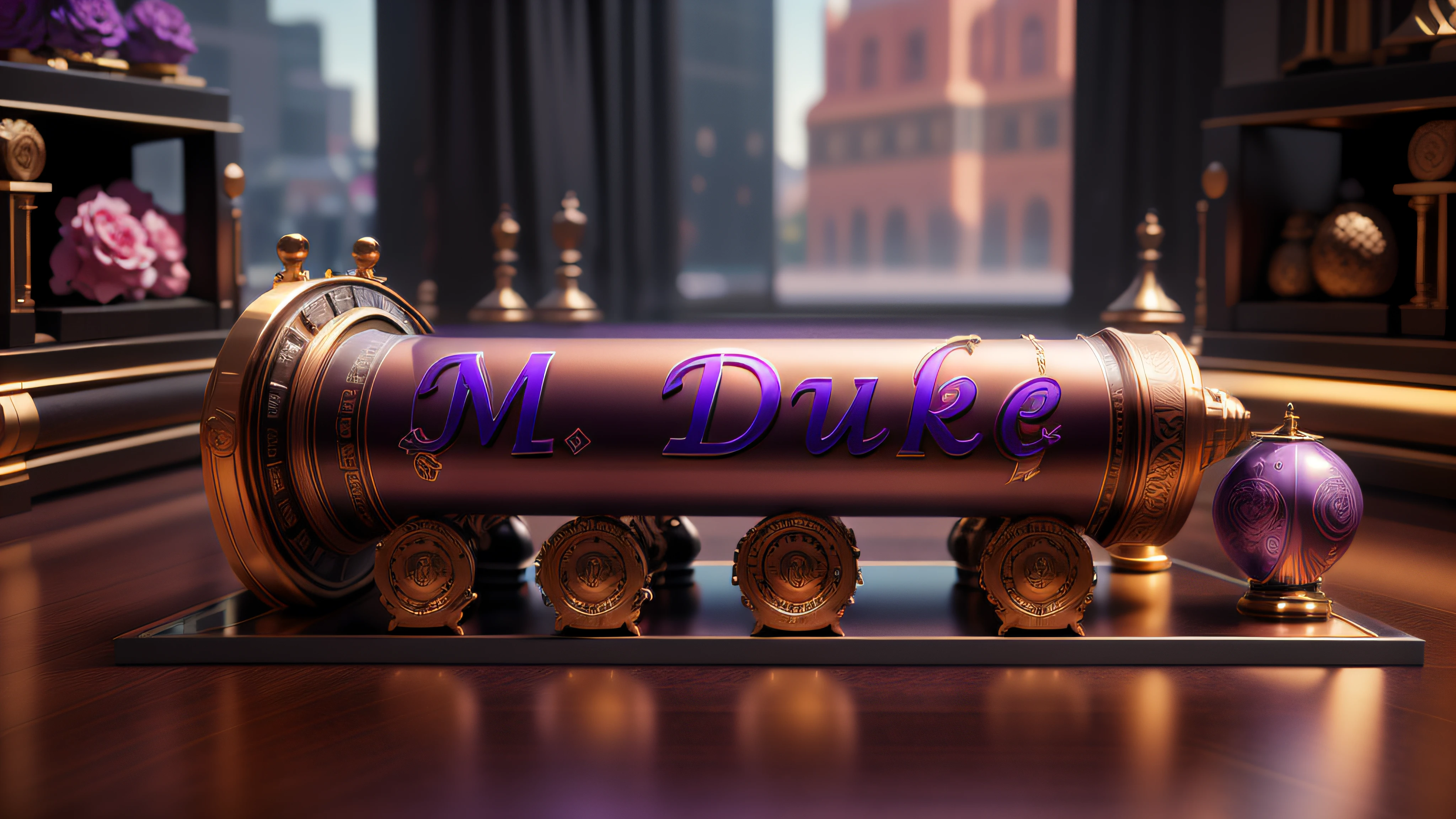 Logo com o nome M.Duke com tema violeta e bronze, 8k, 3D-rendering, hiper realista,  logo is on a mirrored chessboard, NVIDIA, ray-traced, Bokeh, profundidade de campo, Sinalizadores,