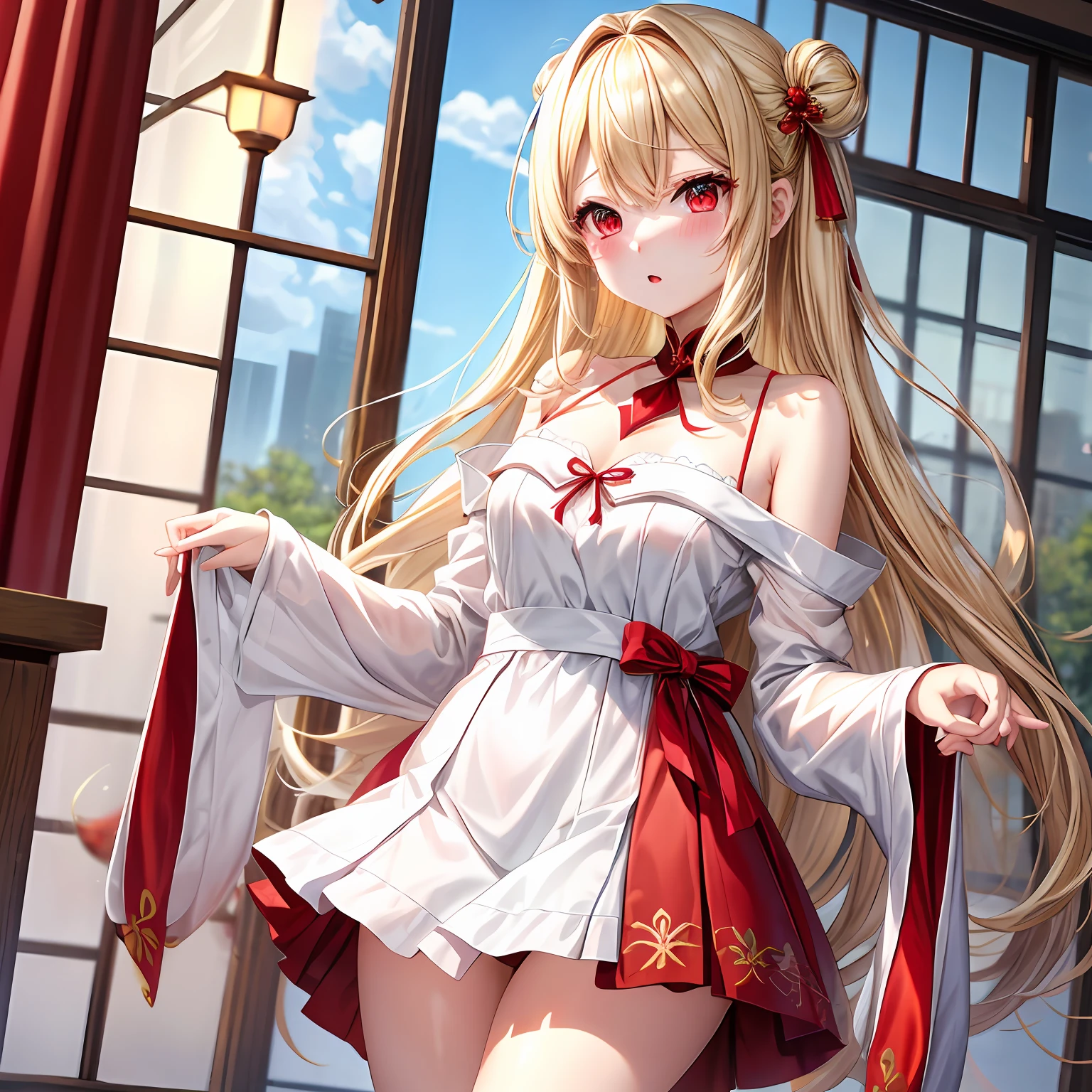 a blond、red eyes、One pretty girl、独奏、animesque、robe blanche、off shoulders、a miniskirt、red blush、