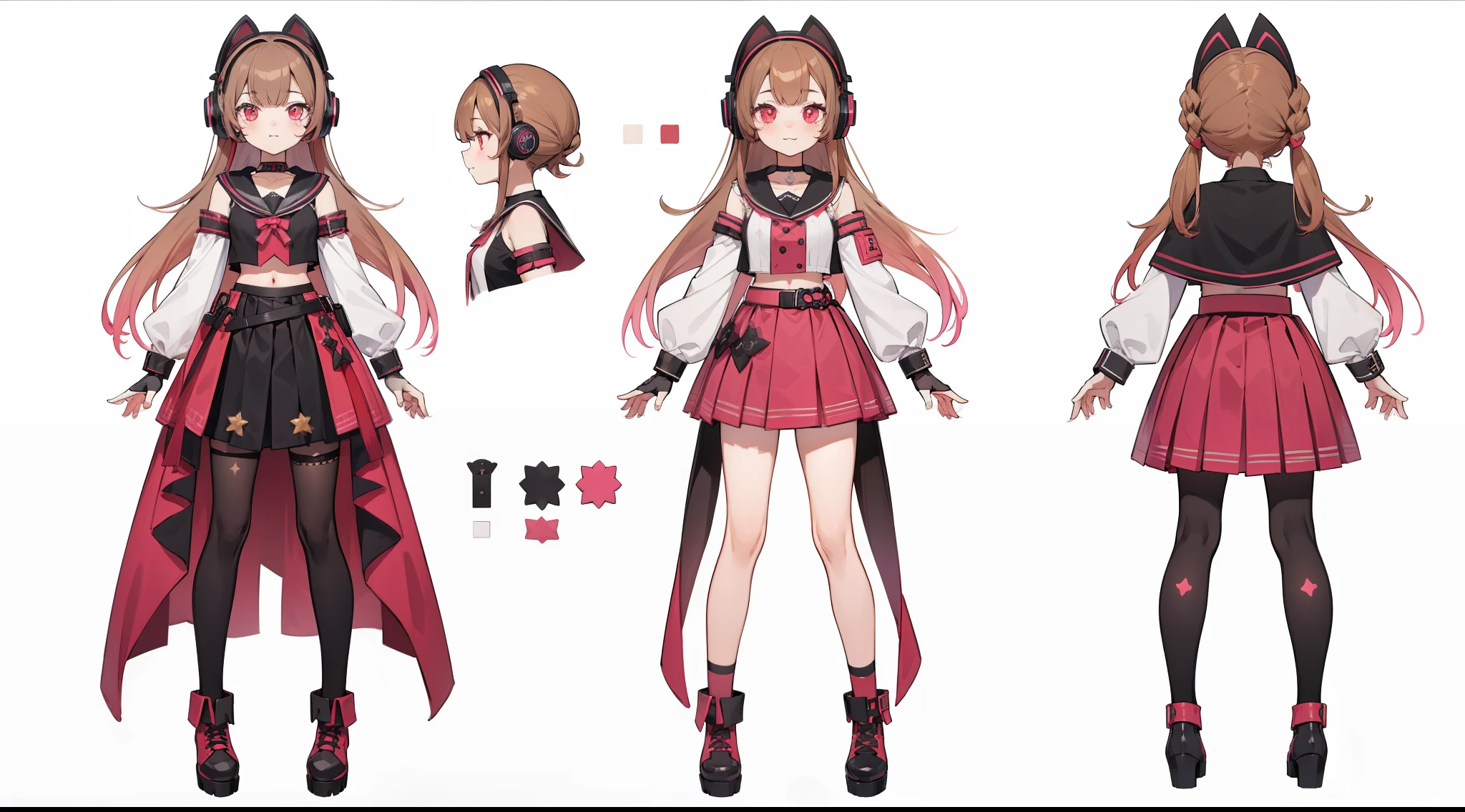 (Masterpiece, highest quality)), detailed face, character sheet, Full body, vtuber-fullbody, full of details, multiple poses and expressions, highly detailed, depth, many parts, 1girl, girl in a skirt and headphones, :3, long hair, bangs, multicolored hair, two-tone hair, gradient hair, brown hair with pink tips, [[[[[[[[[pink hair]]]]]]]]], black crop top, red skirt, pleated skirt, gloves, stockings, black choker, red eyes, star (symbol), symbol-shaped pupils