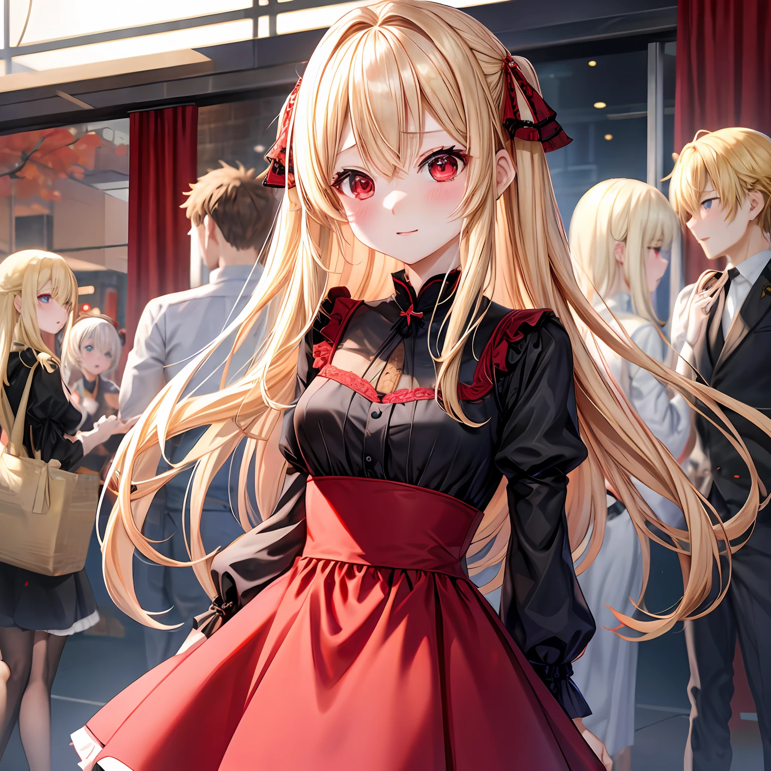 a blond、red eyes、One pretty girl、独奏、animesque、blackdress、red blush、