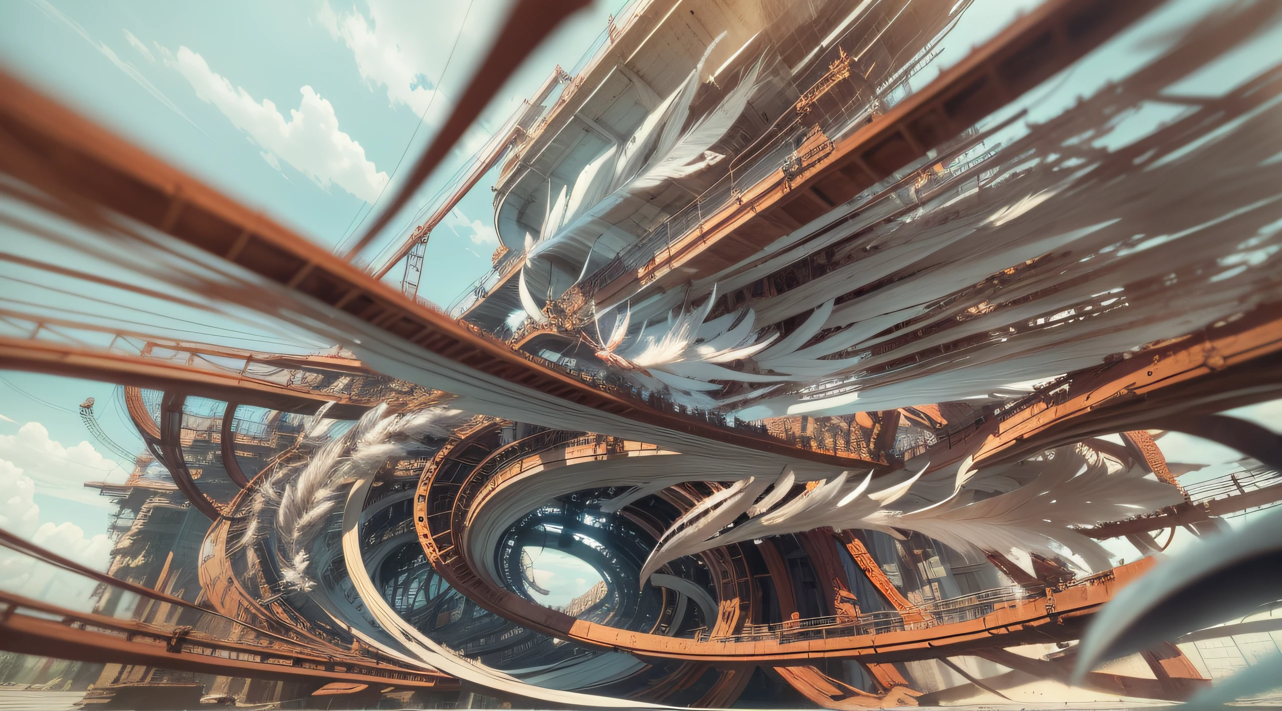 a heavily distorted, fading late morning clear sky, a singular object comprised of contorted feathers/machinery/pipes/rusted components is floating in the air, steel strings weave into each other, see through tubes surround objects at random, extra detail, 4kHD details, best resolution, surrealistic composition, extreme camera angle, motion blur, depth of field, foreshortening, tilted camera angle, cinematic lighting, movie scene