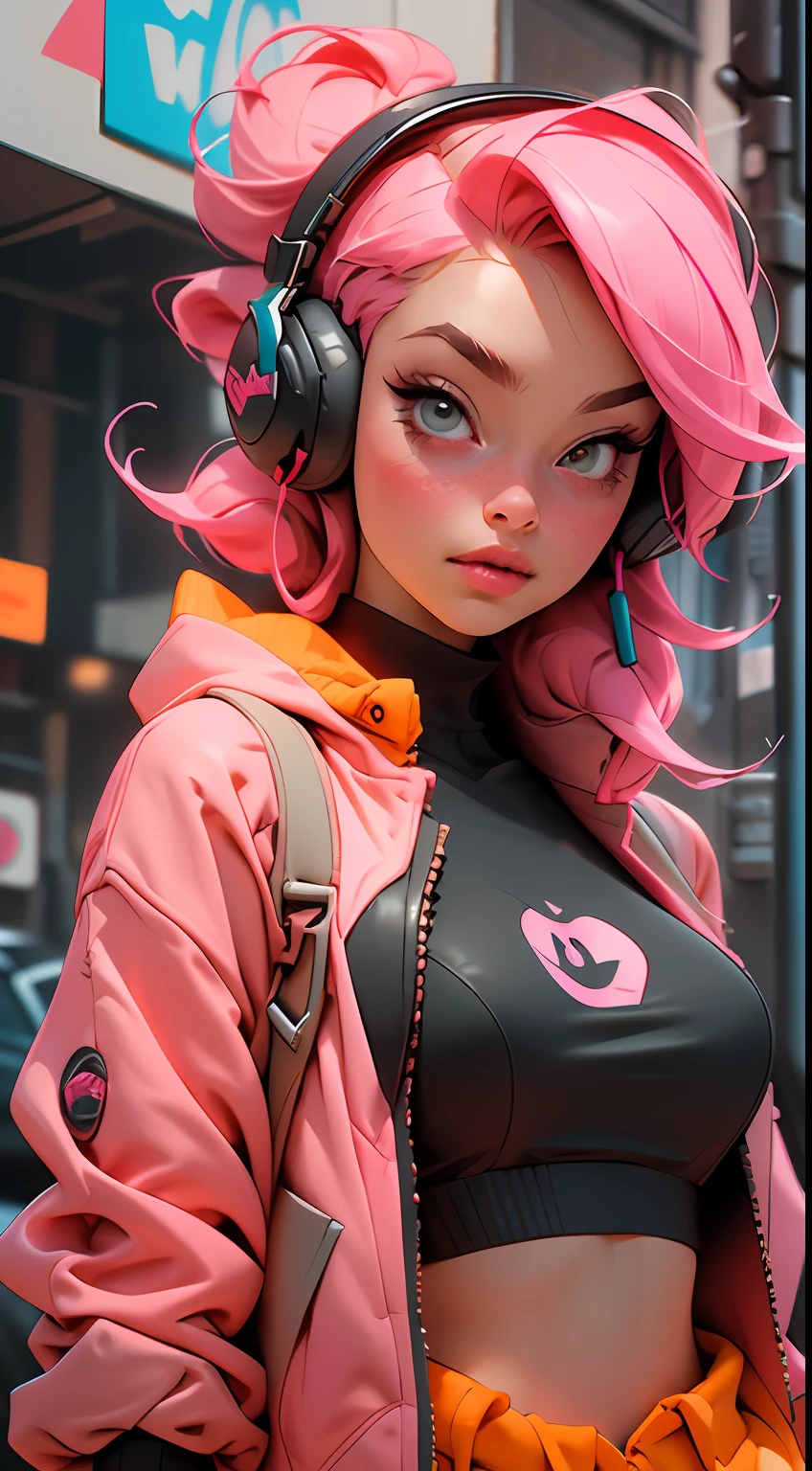 ((Best quality)), ((masterpiece)), ((realistic)) and ultra-detailed photography of a 1nerdy girl with neon headphones. She has ((pink hair)), is wearing an orange techwear jacket, and exudes a ((beautiful and aesthetic)) vibe.