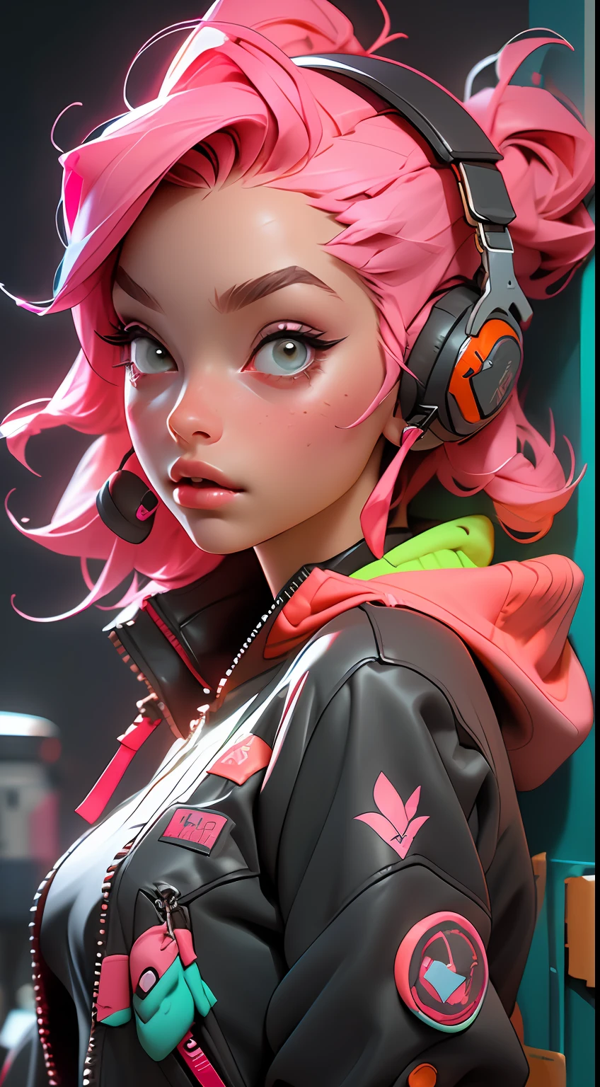 ((Best quality)), ((masterpiece)), ((realistic)) and ultra-detailed photography of a 1nerdy girl with neon headphones. She has ((pink hair)), is wearing an orange techwear jacket, and exudes a ((beautiful and aesthetic)) vibe.