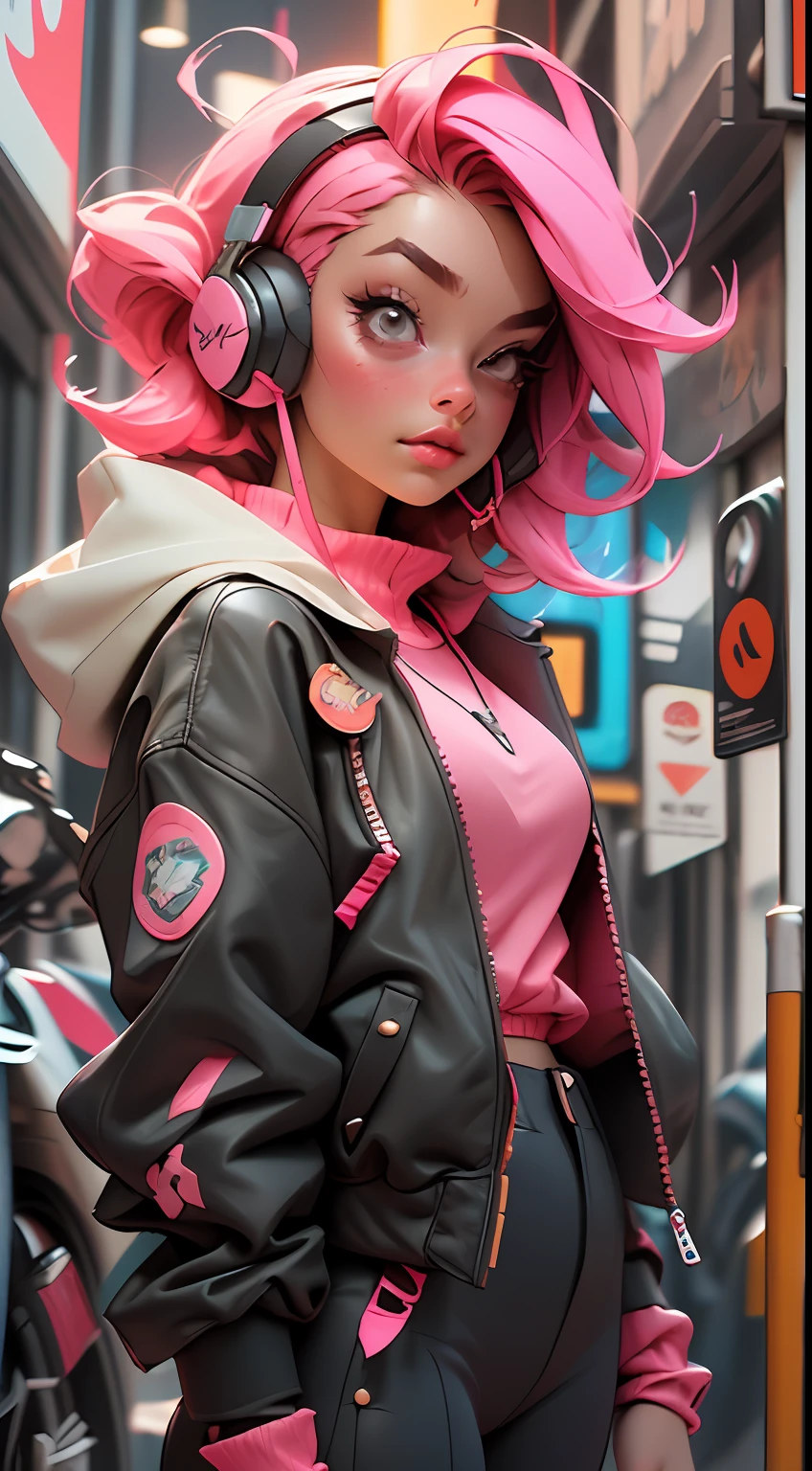 ((Best quality)), ((masterpiece)), ((realistic)) and ultra-detailed photography of a 1nerdy girl with neon headphones. She has ((pink hair)), is wearing an orange techwear jacket, and exudes a ((beautiful and aesthetic)) vibe.