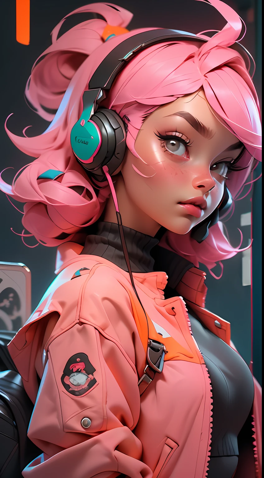 ((Best quality)), ((masterpiece)), ((realistic)) and ultra-detailed photography of a 1nerdy girl with neon headphones. She has ((pink hair)), is wearing an orange techwear jacket, and exudes a ((beautiful and aesthetic)) vibe.