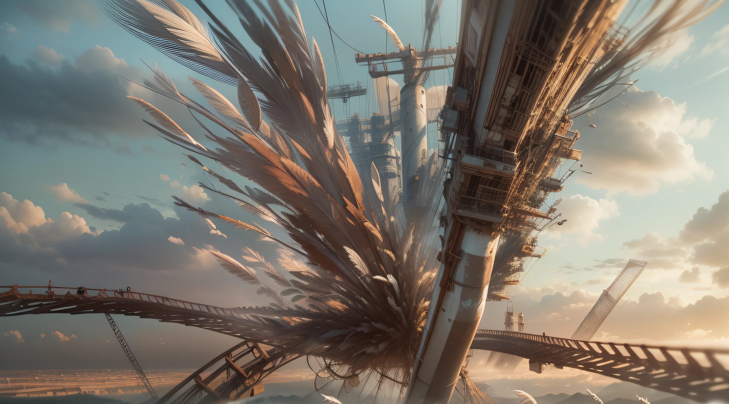 a heavily distorted, fading late morning clear sky, a singular object comprised of contorted feathers/machinery/pipes/rusted components is floating in the air, steel strings weave into each other, extra detail, 4kHD details, best resolution, surrealistic composition, extreme camera angle, motion blur, depth of field, foreshortening, tilted camera angle, cinematic lighting, movie scene