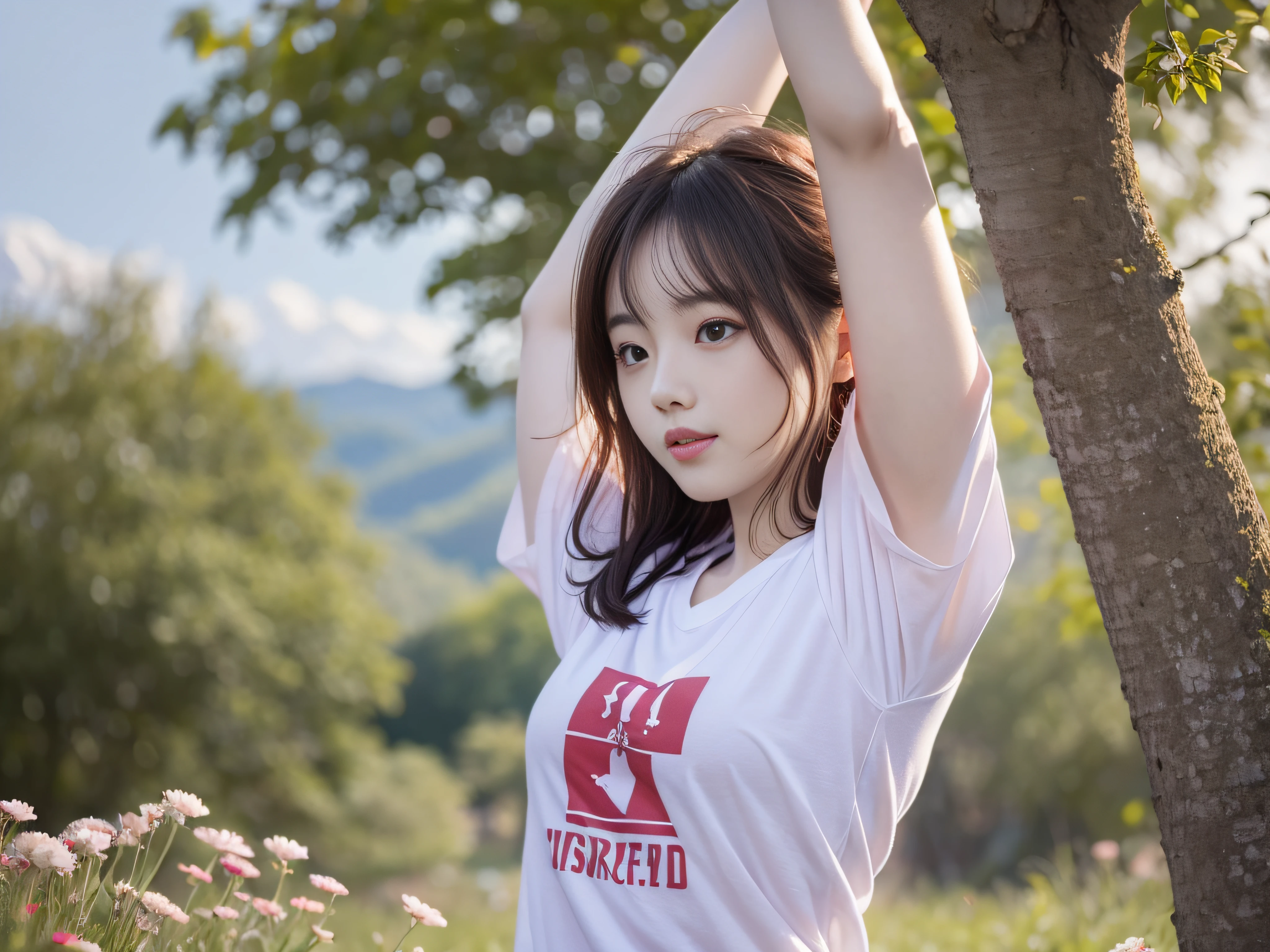 Beautiful woman doing stretching exercises in vast meadow、white t-shirts、Red shorts、Twin-tailed