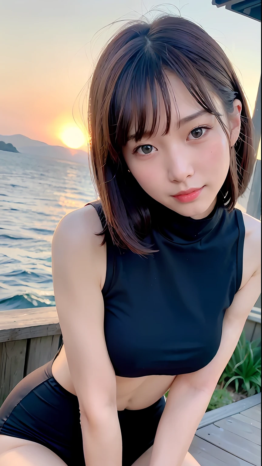 (top-quality、8K、32K、masuter piece、nffsw:1.2)、Cute Japan pictures of married girls、女の子1人、A smile、profile、(Tall lady)、(abdominals、slim figure:1.2)、(s lips) 、(Brown hair)、二重まぶた、Wet shirt、Realistic rays、Mare、beauitful face、(sexypose:1.3)、crouching down、(From above:1.2)、(a closeup:1.4)、POV、the wind、glossy wet skin、blurry backround、(Front Focus)、(Dark: 1.6)、Fantasy Art、photoRealstic、Professional Lighting、extra detailed face、Award-winning、deep-shadows、