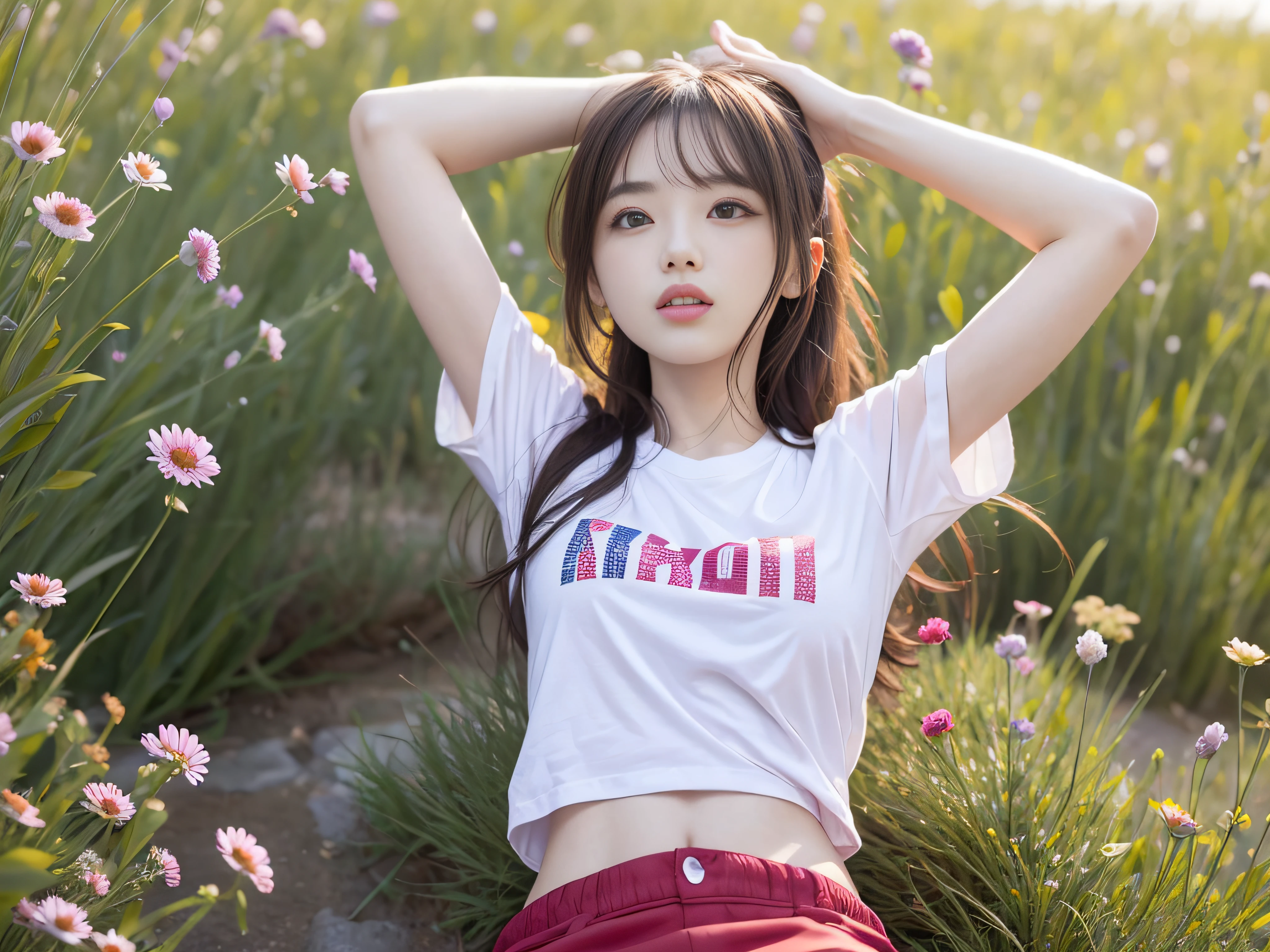 Beautiful woman doing stretching exercises in vast meadow、white t-shirts、Red shorts、Twin-tailed