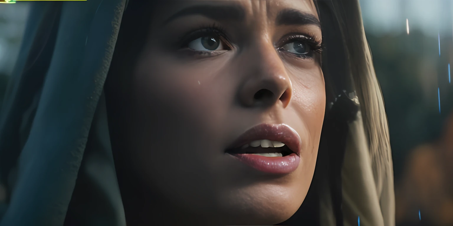 uma mulher com capuz ao olhar para cima de alguma coisa, Motor irreal. filme ainda, rei, choro. Scifi, tears running down face, 2 0 2 1 cinematic 4 k framegrab, choro bonito! mulher androide, unreal engine cinematic, de um filme 2 0 1 9 sci fi 8k, ps5 cinematic screen capture, mulher chorando, Ainda de Megan Fox