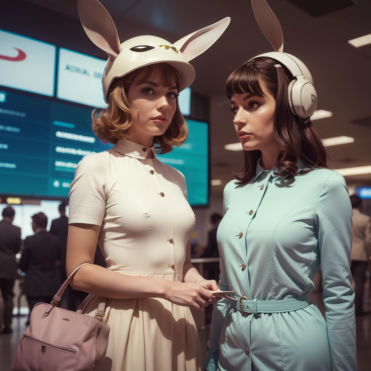 4k image from a 1960s science fiction film by Spike Jonze , Filme Miss Pettigrew lives for a day, pastels colors, Young people in animal helmets holding a mechanical rabbit at the airport, Retro-futuristic fashion clothes from the 60s with alien ornaments, Luz Natural, Psicodelia, futurista estranho, retro-futurista, photo-realistic, Sharp background details.
