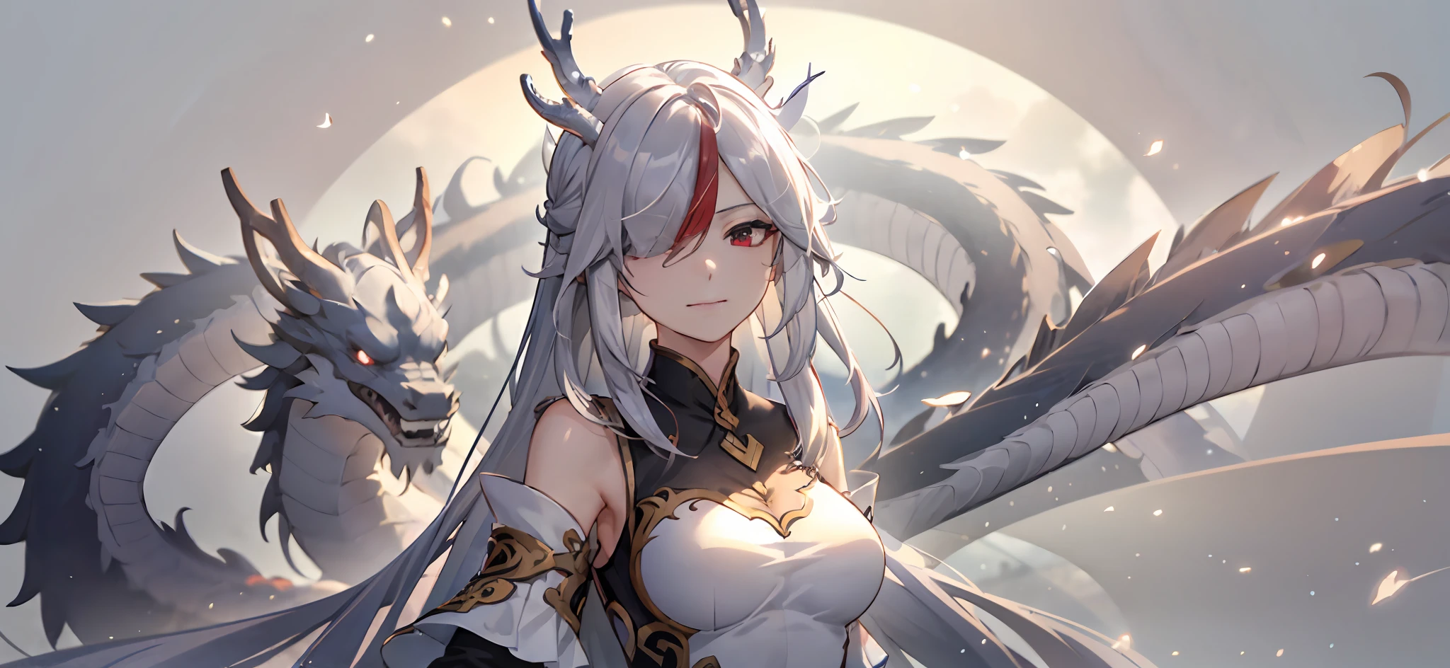 1girl, silver hair, long hair, straight hair, red eyes, hair over one eye, Chinese dragon horns, hanfu, sleeves folded up, medium breasts, there is a chinese white dragon in the background, motion lines, ray tracing, god rays, super detail, UHD, anatomically correct, masterpiece，upper body，simple background