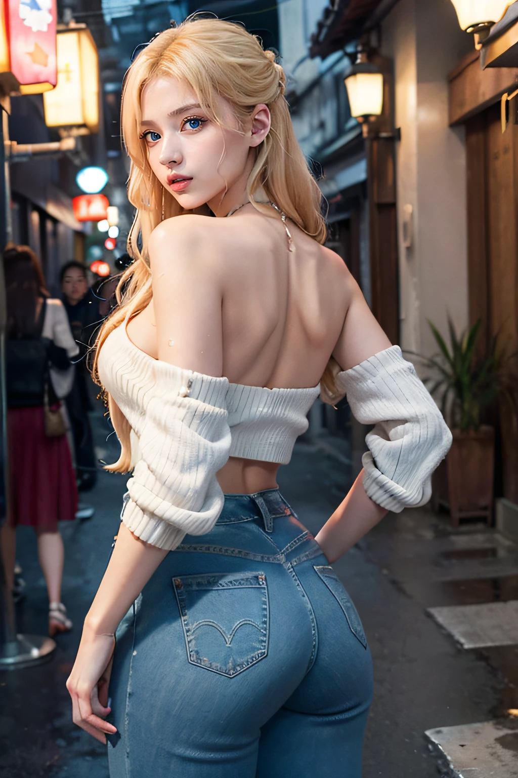 1girl, ((Blue Eyes)), Seductive face, ((Sana Minatozaki)), wide hips, Big Boobs, big ass, (Best Quality, 8k, Masterpiece: 1.3)) ) , Clear Focus: 1.2, Perfect Body Beauty : 1.4, Slender Abs: 1.2, Wet Body: 1.5 , Highly detailed face and skin texture, detailed eyes, double eyelids, long_blonde_hair, long legs, offshoulder_sweater, high-waisted_jeans, back_view, japanese street lit by traditional lanterns