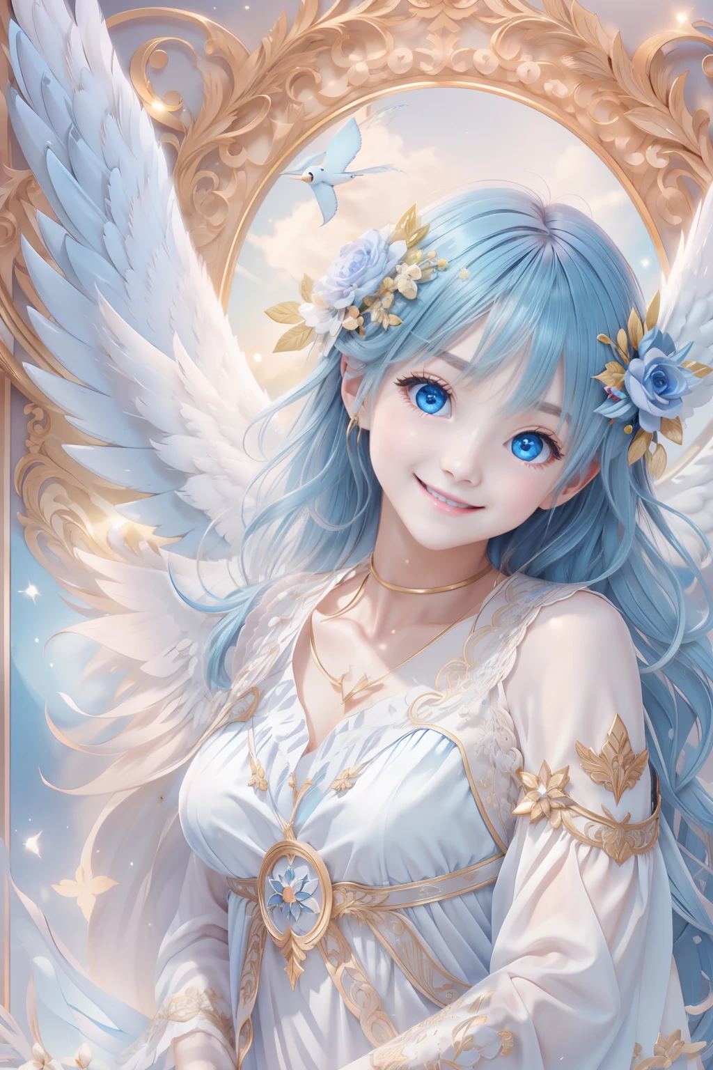 Blue-eyed angel、More Beautiful Angels、Fantastic Angel、Heavenly background、brilliance、A smile