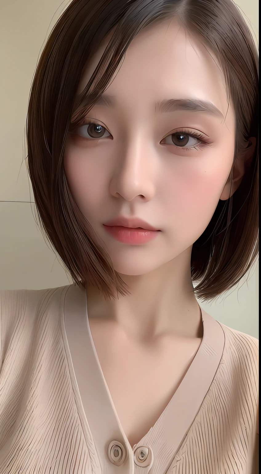 ((Best quality, 8k, Masterpiece :1.3)), 1girl, Pretty woman with slender abs :1.3, (Medium-short hair, Huge breasts :1.2), Cardigan :1.1, Ultra-detailed face, Detailed eyes, Double eyelid
