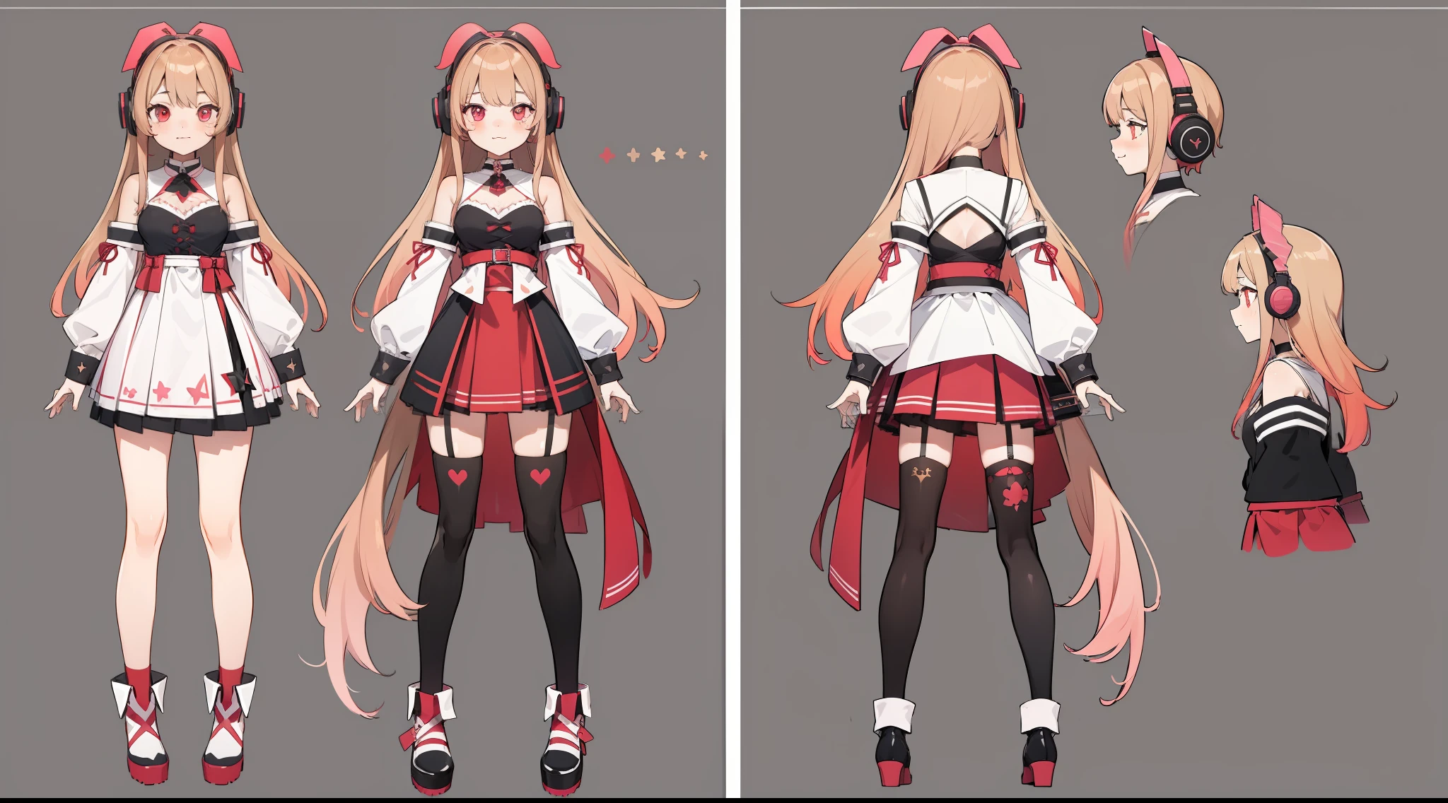(Masterpiece, highest quality)), detailed face, character sheet, Full body, vtuber-fullbody, full of details, multiple poses and expressions, highly detailed, depth, many parts, 1girl, girl in a skirt and headphones, :3, long hair, bangs, multicolored hair, two-tone hair, gradient hair, brown hair with pink tips, [[[[[[[[[pink hair]]]]]]]]], black bra, red skirt, pleated skirt, gloves, stockings, leg warmers, black choker, red eyes, star (symbol), symbol-shaped pupils