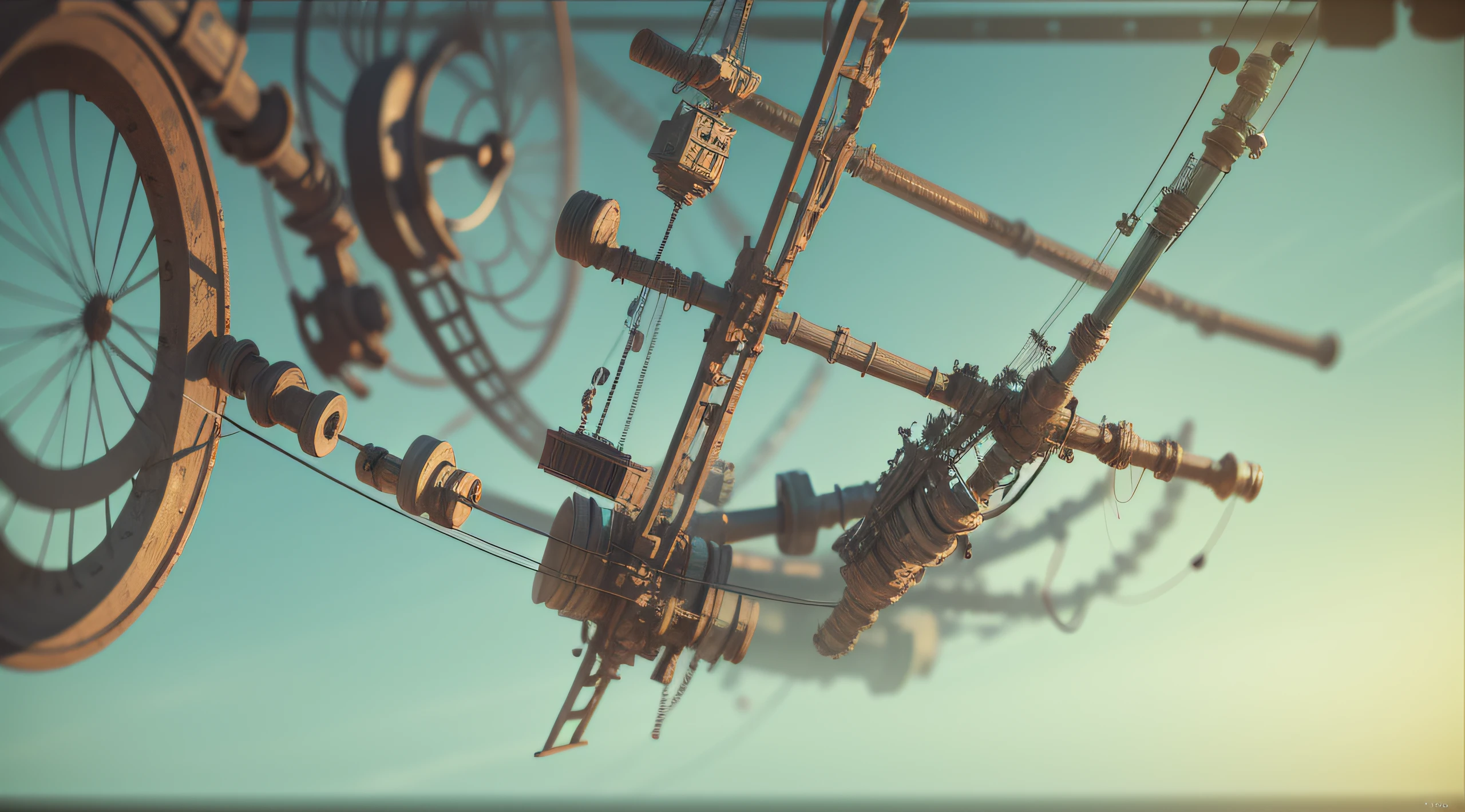 a heavily distorted, fading late morning clear sky, a singular object comprised of contorted feathers/machinery/pipes/rusted components is floating in the air, steel strings weave into each other, extra detail, 4kHD details, best resolution, surrealistic composition, extreme camera angle, motion blur, depth of field, foreshortening, tilted camera angle, cinematic lighting, movie scene
