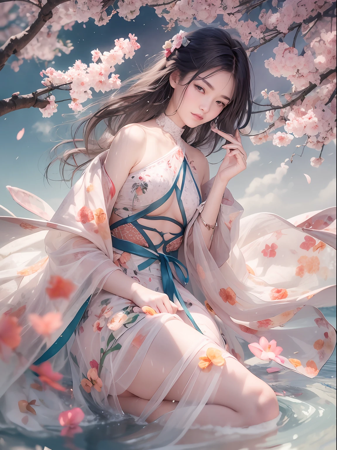 loose outfit、Show shoulders、How to wear a gown with a broken see-through halter neck、Decorated with intricate patterns and bright colors、Transparent material that makes the skin shine、Artistic depiction of seductive woman in gown with wet thin cloth and transparent skin, Floral and fantastic pattern with flowing silky traditional see-through skin。Her dress draped elegantly around her curvaceous figure、Emphasizes her charming silhouette。She's a gentle fireworks night、Dynamic Posing、Sexy Posing、bathed in the soft glow of moonlight。The scene is、With a hint of mystery and sensuality、It exudes an ethereal dreamy atmosphere。The image style is、Incorporates a blend of watercolor and digital illustration techniques.、It makes you feel delicate beauty and charm。Soft moonlit lighting、Cast gentle highlights and shadows on her mesmerizing features。Dynamic Posing、Bold poses、The hand is somewhere、see -through、show through、A sexy、Wet hair、Wet、cherry trees、flower petals、cherryblossom、The cherry tree、Sakura blizzard、buried、Transparent skin、Wet clothes、Chest Pulling、Translucent clothes、On the water、