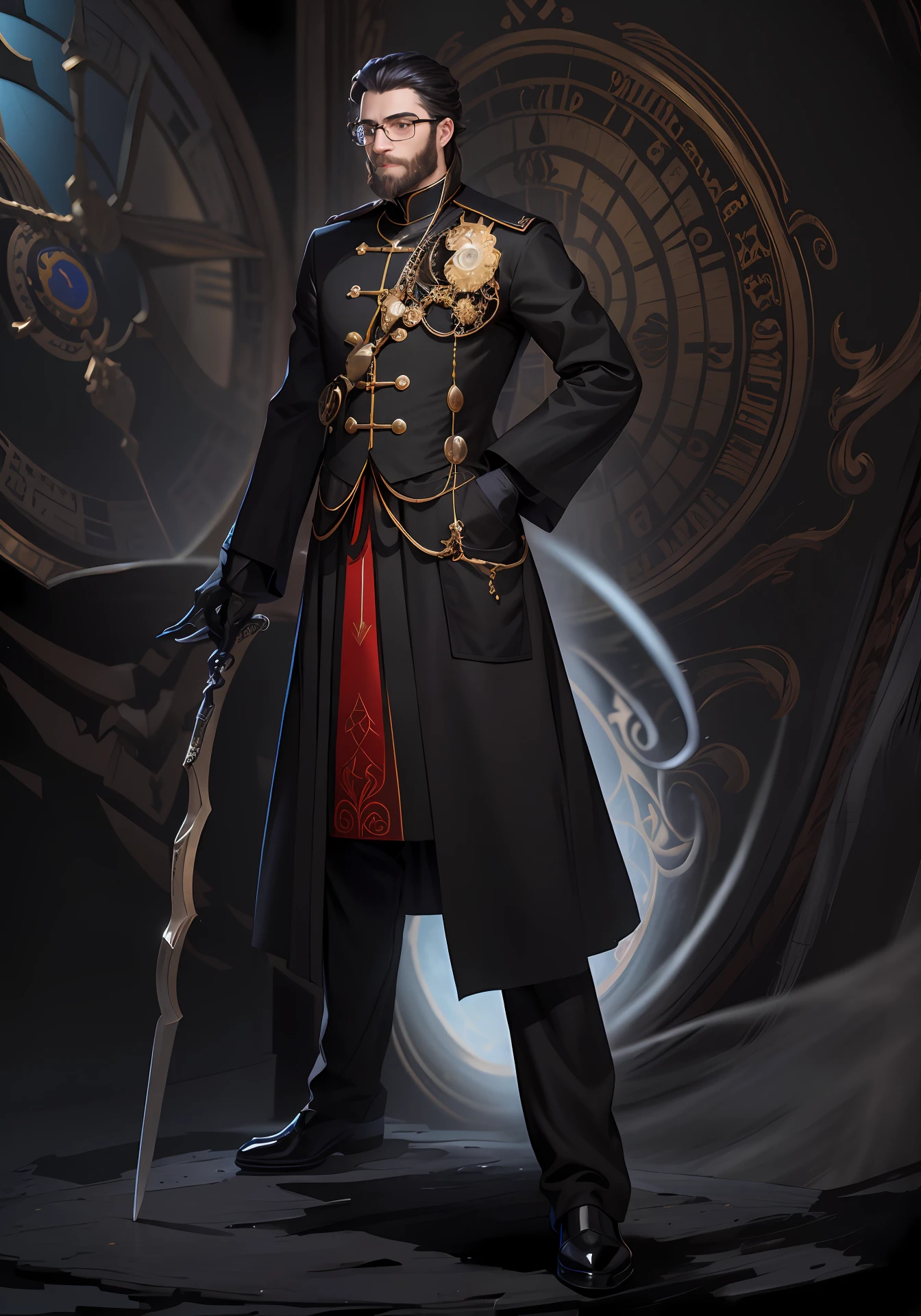 Um homem em um casaco preto e uma bengala fica com uma espada, arte conceitual detalhada de corpo inteiro, conceito detalhado de corpo inteiro, Uniforme preto dourado, arte conceitual Feng Zhu, vestindo um terno nobre preto, arte conceitual de corpo inteiro, conceito de corpo inteiro, Demonic noble character design, arte conceitual de corpo inteiro bonita, novo design de conceito de traje, personagem de arte conceitual, delicate androgynous princeAn impressive digital artwork in style 2.5D brings to life the mysterious and charming theme of a 30-something, with beard and glasses. He is dressed in black mage clothes...., complete with a pointed hat, exuding an aura of mystique. With a playful smile on his lips, He adjusts his monocle, the light reflecting off its surface adding to the intrigue. Behind him hangs a giant pocket watch, shrouded in ethereal mist, further enhancing the enigmatic atmosphere. The close-up composition allows viewers to appreciate the character's intricate details and mesmerizing blend of digital art techniques. This work of art is a true masterpiece, cativando e convidando os espectadores a mergulhar em um mundo de maravilhas. (deslumbrante, misterioso, encantador), (roupas de mago preto:1.3), (Pointed hat:1.2), (playful grin:1.3), (Tight monocle:1.4), (giant pocket watch:1.5), (ethereal haze:1), (detalhes intrincados:1), (Hypnotizing Mistura of Digital Art Techniques:1.5),