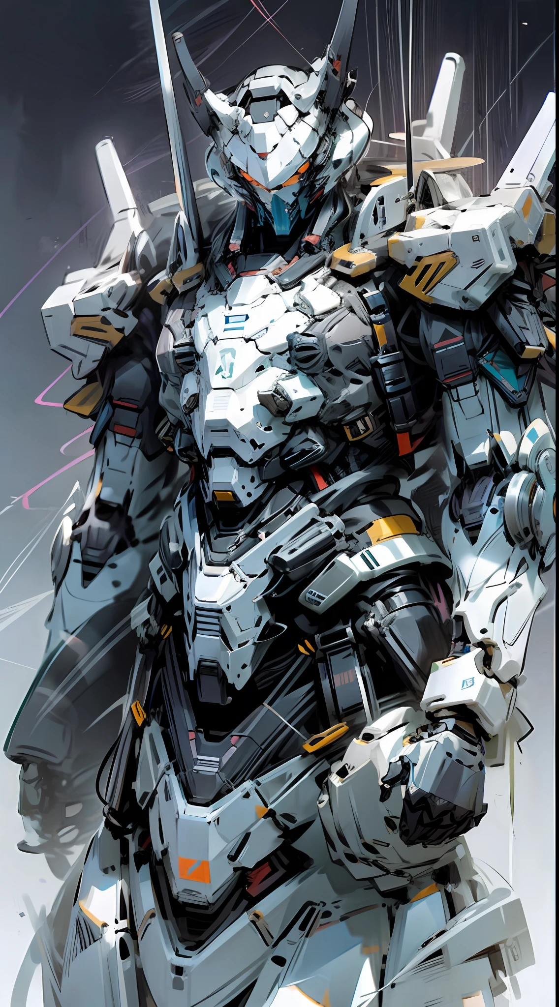Raw foto,Dark_Fantasy, Cyberpunk, (Big Revolver, Hunter Man, Violet: 1.1), 1man, Mechanical Wonder, Robotic Presence, Cybernetic Guardian, White, black, soldier Gundam, extremely high detailed, half-body, Panda, panda bear, bear, white-black Gundam, white, Beast, (half body),