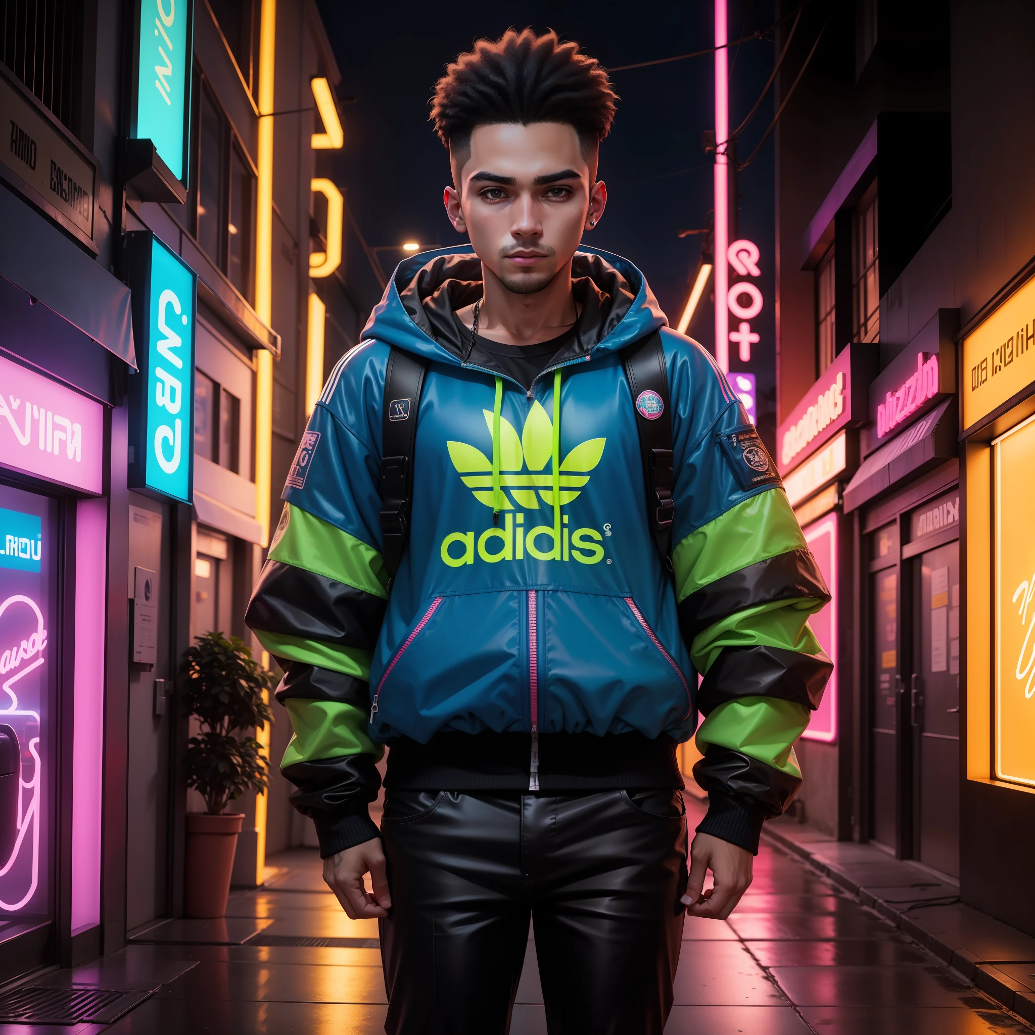 25-year-old man in blue jacket and black pants standing in a neon shop, neon iluminado, neon jungle, teddy fresh, neon vibes, luzes neon e adiciona, Foto de um ensaio promocional, Retrato no meio da foto, neon lights in the background oriental letters, thick neon lights, foto promocional, com luzes neon, sythwave, Cidade oriental Neon ao fundo, aesthetic shot, rosto bem detalhado 4k HD, brincos, rua adidas, corte de cabelo degrade, cavanhaque, brincos de argola, olhar forte, boca bem detalhada maos bem detalhadas