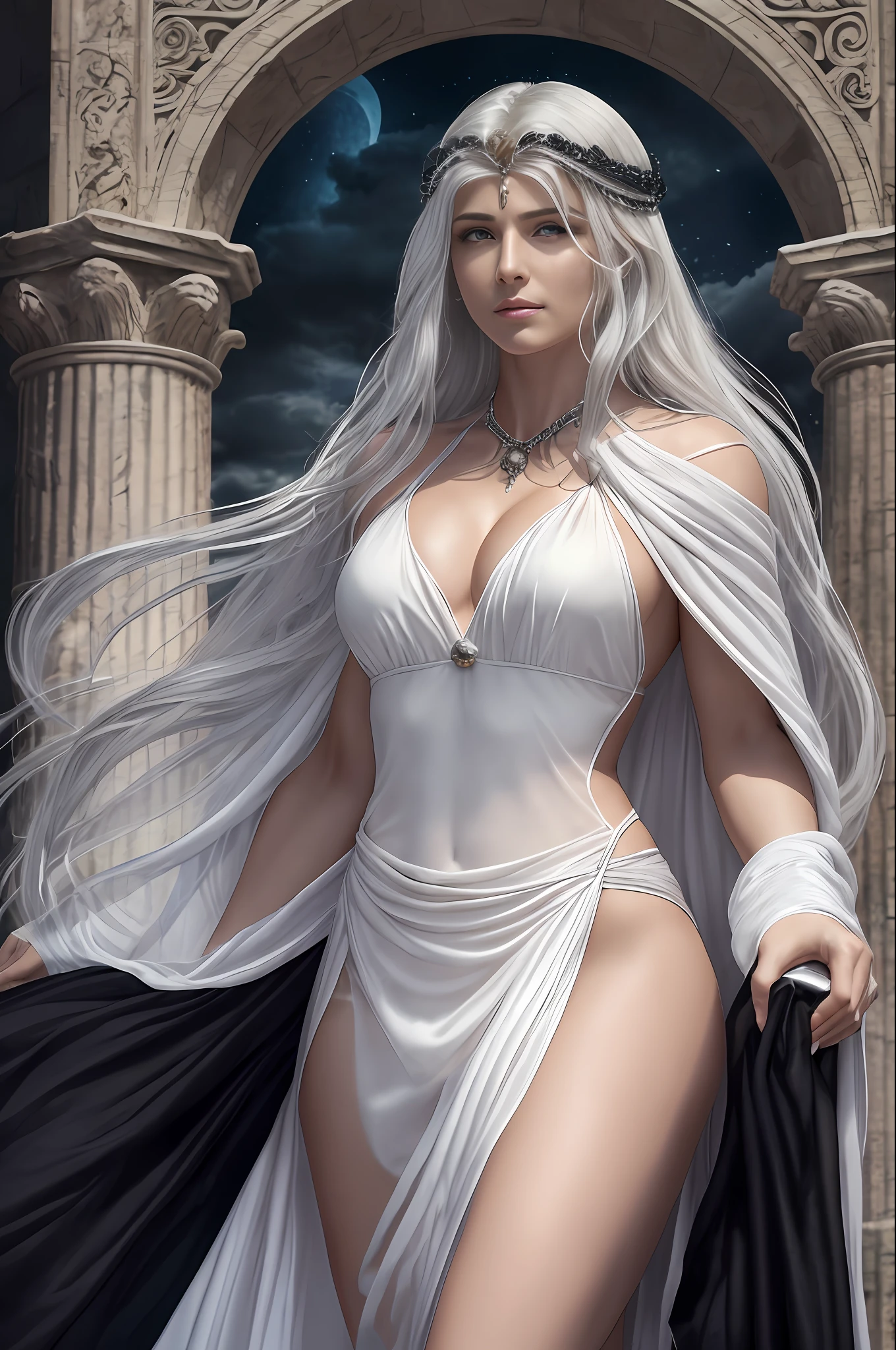 Dramatic scene with 3 characters;
Zeus, the Greek God of Olympus, depicted as an older, muscular man with long white hair, a long beard, and a white robe.
Hypnos, the Greek God of the Ground, depicted as a handsome, blond-haired young man, dressed in a white robe and black cloak.
Selene, Greek Goddess of the Moon, represented as a beautiful woman with a beautiful body and long silver hair; she is on her knees begging and crying, she wears a long white tunic of semi-transparent silk. Silvery moonlight illuminates the stage, highlighting the ethereal beauty of the goddess, while dark clouds loom ominously in the background --auto --s2