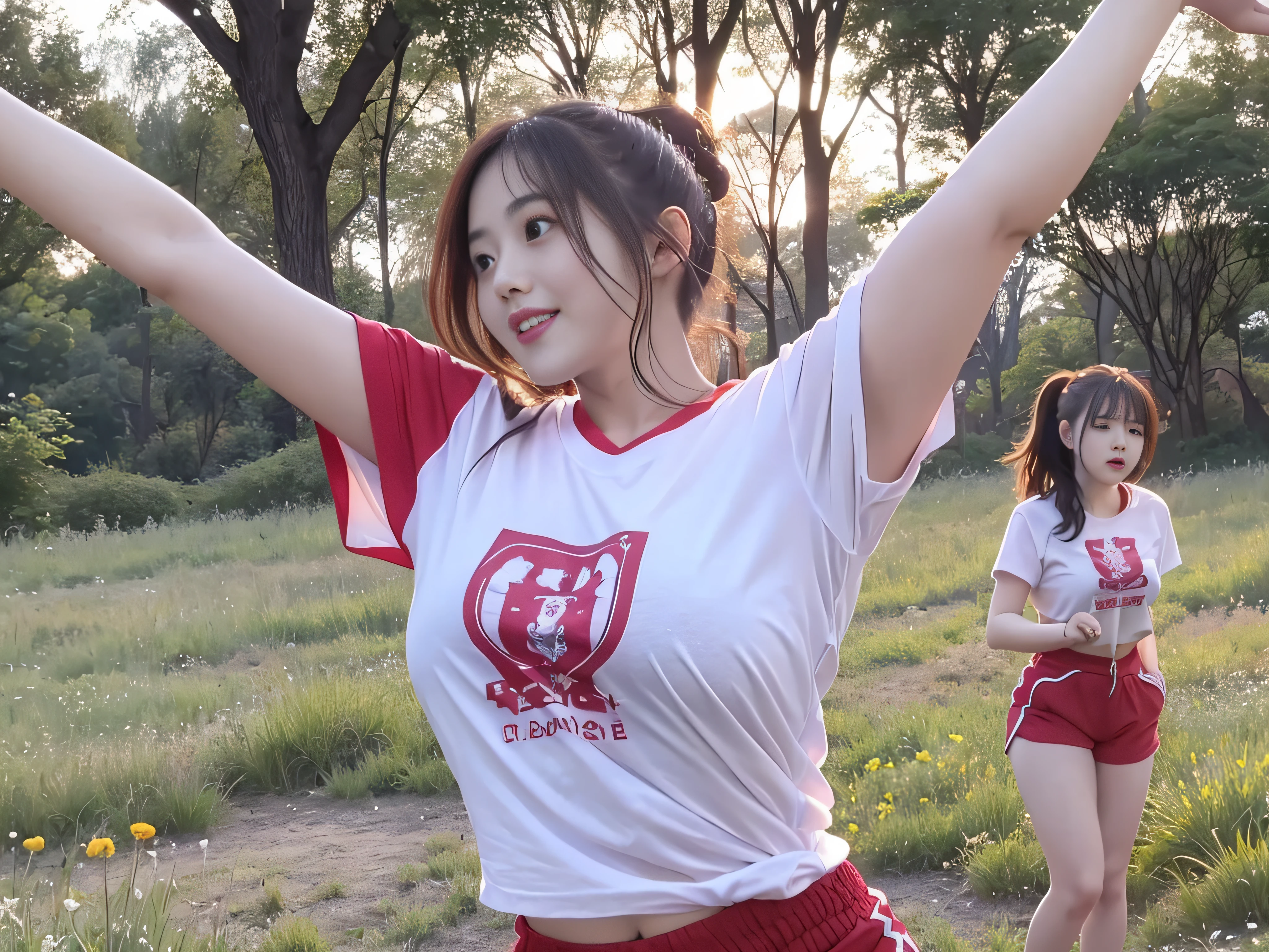 Beautiful woman doing stretching exercises in vast meadow、white t-shirts、Red shorts、Twin-tailed