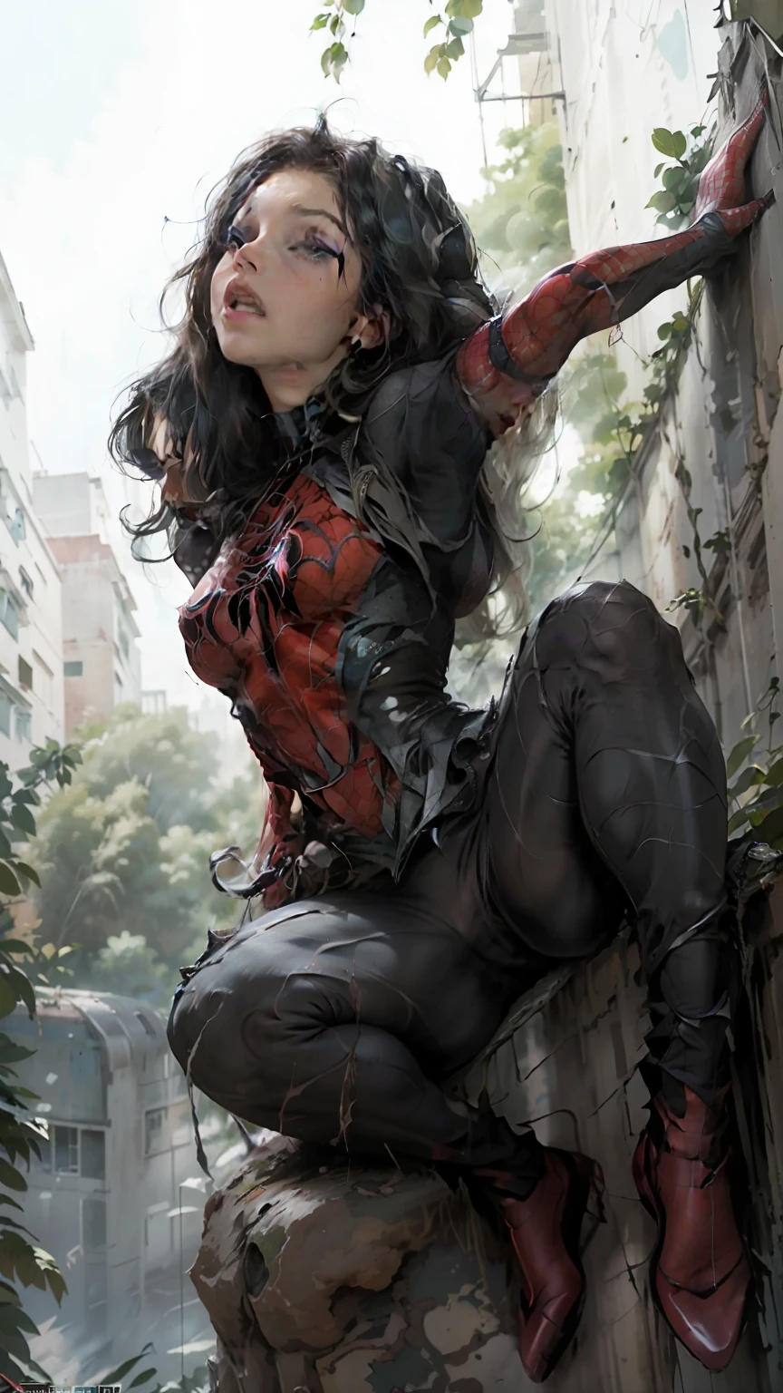A beautiful woman climbing a tree, pose sexy, con un cuerpo definido y detallado usando el traje de Spider-Man, pechos muy grandes, atuendo negro de Spider-Man, figura esbelta, pelo corto.