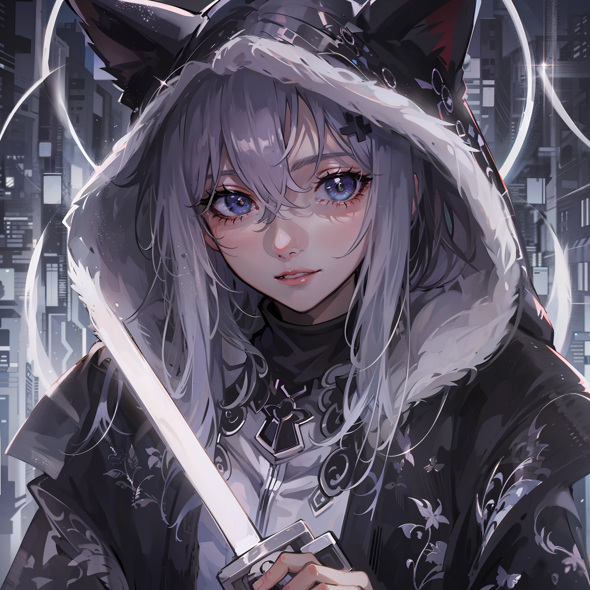 tmasterpiece, best qualtiy, hyper-high detail, style of anime,HDR,8K,anime wallpaper,a sense of atmosphere,4K,absurderes,Light sci-fi atmosphere,)(Cat-eared girl,cat ear,brunette color hair,Black and white hooded cloak,He holds a silver longsword with a pattern)(White minimalist pattern decoration)(Huge black space as background)