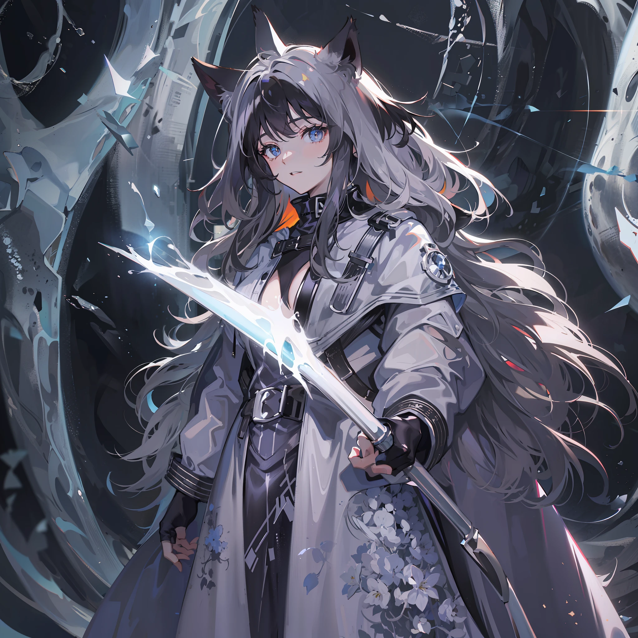 tmasterpiece, best qualtiy, hyper-high detail, style of anime，HDR，8K，anime wallpaper，a sense of atmosphere，4K，absurderes，Light sci-fi atmosphere，)(Cat-eared girl，cat ear，brunette color hair，Black and white hooded cloak，He holds a silver longsword with a pattern)(White minimalist pattern decoration)(Huge black space as background)