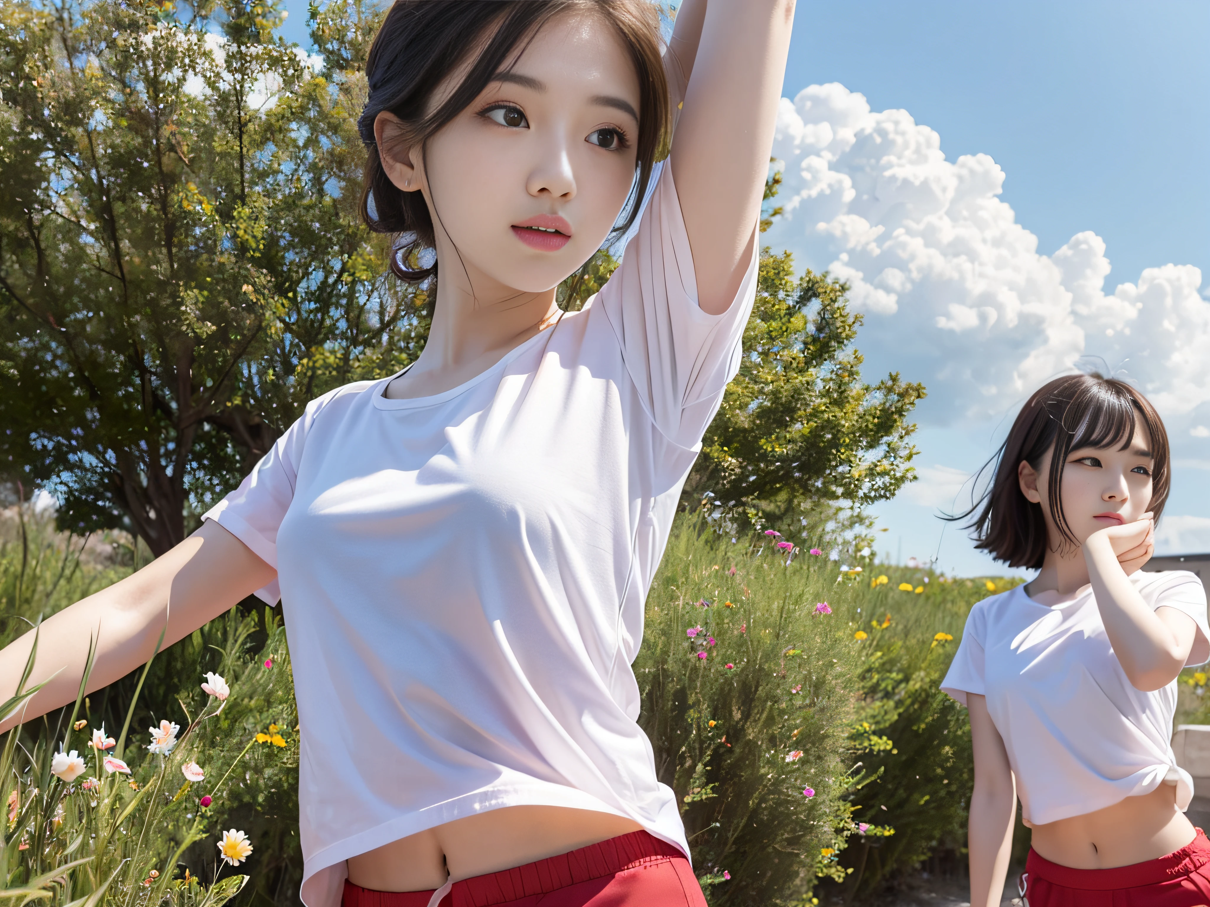 Beautiful woman doing stretching exercises in vast meadow、white t-shirts、Red shorts、Twin-tailed