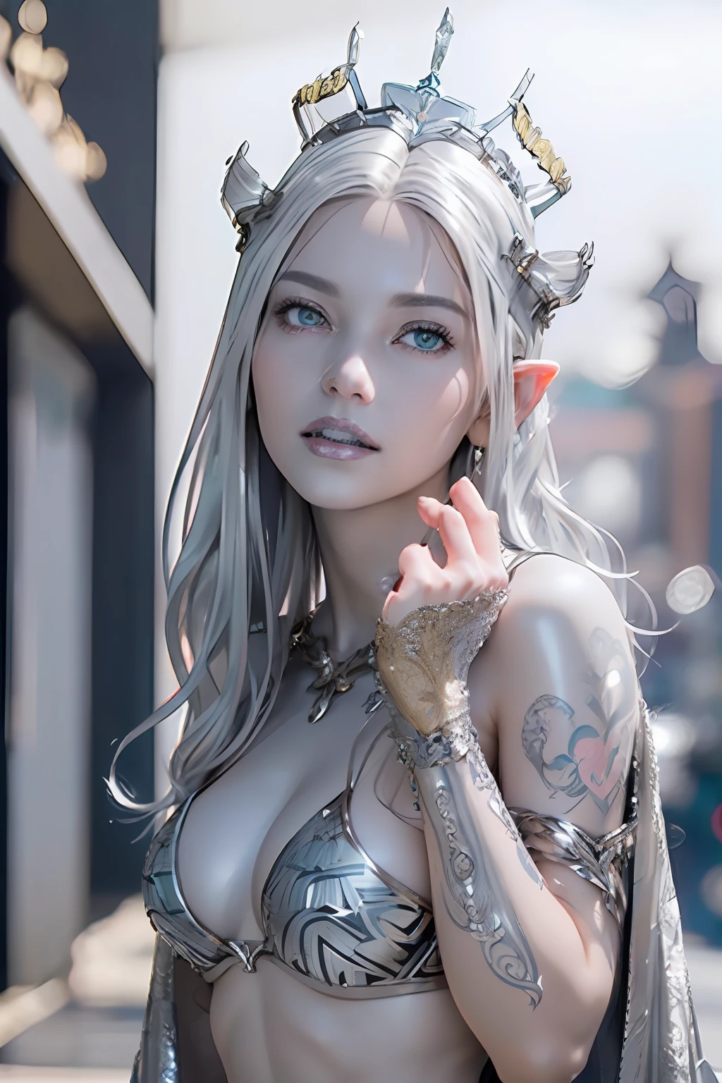 Ultra-detailed complex 3D rendering of the face, (masterpiece, top quality, octane rendering,), glamour shots full body image, very beautiful young elves, cleavage, (highly detailed skin: 1.2), (exposure: 1.1), ((blue micro bikini: 1.95)))). , 8k, (((very soft breasts)), (((conspicuous large pink areola)), beautiful Caucasian woman with white skin with full soft breasts with big buttocks, one, long braided hair, big breasts, dynamic angles, (((huge breasts: 2.4)), ultra-realistic photos, ((((((silver hair)))), futuristic urban background, facial muscles, (((((detailed and glamorous silver crown)))), In the style of Marvel Comics, ArtStation Trends, Clear Focus, Intricate Details, Very Detailed, Detailed Green Eyes, Sharp Focus, Digital Rendering, Professional, Abs, Lip Gloss, Glossy Skin, Sexy Pose, Golden Tattoo All Over Body, Silver Pattern All Over Body, Silver Lame Skin, Gold Glitter Skin, Mansuji, Buttocks, Jeweled All Over the Body, with silver scales, silver hair,