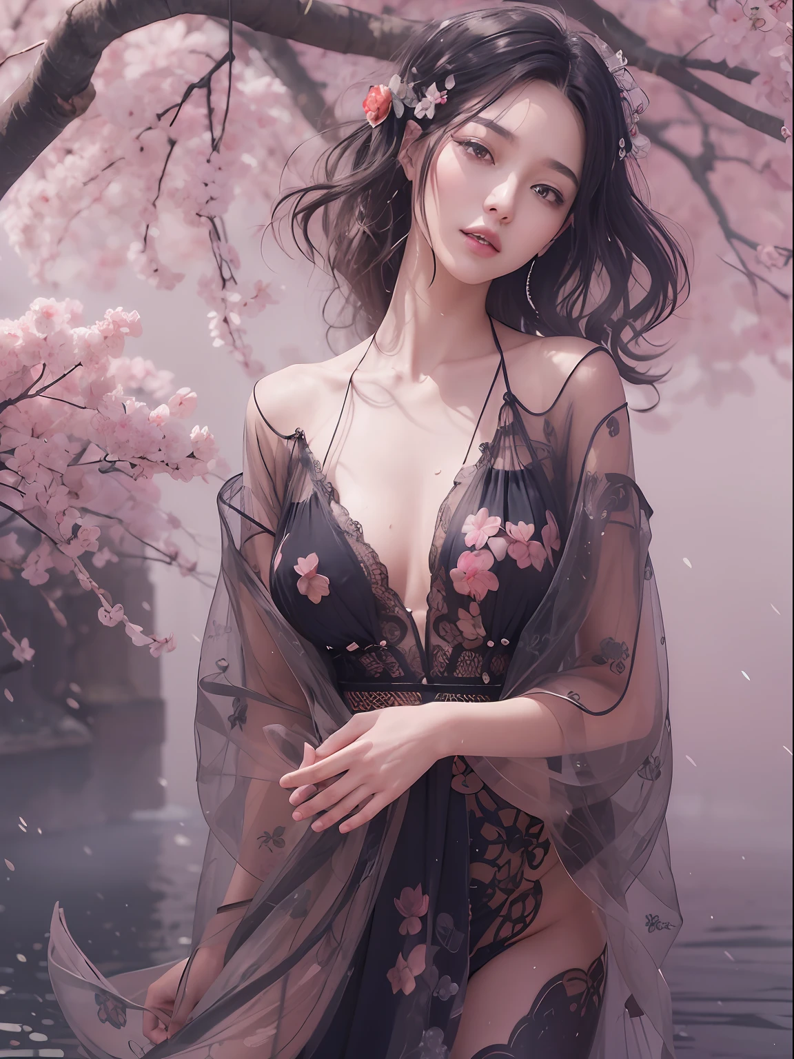 loose outfit、Show shoulders、Dark Color String Dress、How to wear a black gown、Decorated with intricate patterns and bright colors、Transparent material that makes the skin shine、Artistic depiction of seductive woman in gown with wet thin cloth and transparent skin, Floral and fantastic pattern with flowing silky traditional see-through skin。Her dress draped elegantly around her curvaceous figure、Emphasizes her charming silhouette。She's a gentle fireworks night、Dynamic Posing、Sexy Posing、bathed in the soft glow of moonlight。The scene is、With a hint of mystery and sensuality、It exudes an ethereal dreamy atmosphere。The image style is、Incorporates a blend of watercolor and digital illustration techniques.、It makes you feel delicate beauty and charm。Soft moonlit lighting、Cast gentle highlights and shadows on her mesmerizing features。Dynamic Posing、Bold poses、The hand is somewhere、see -through、show through、A sexy、Wet hair、Wet、(cherry trees、flower petals、cherryblossom、The cherry tree、Sakura Snowstorm 1.5)、buried、Transparent skin、Wet clothes、(Chest 1.2)、Navel Ejection、Swaying in the wind、Burgundy、pale red、(Slouch 1.5)、Lace colors、lace choker、a choker、Lie on your back on the surface of the water、New lining、
