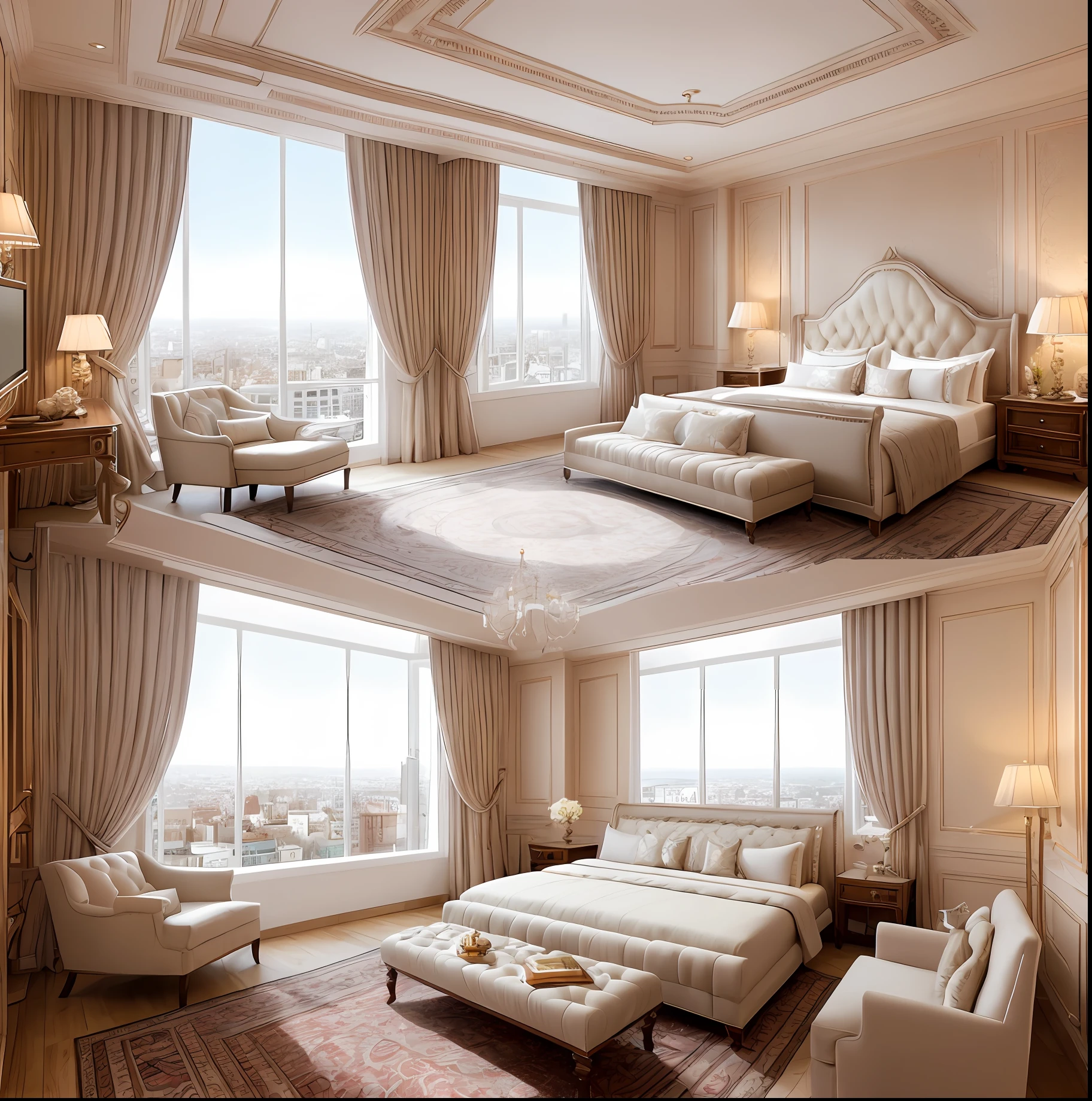 a beautiful room in a luxury hotel, with a beautiful king size bed, Persian rugs, wooden furniture, beautiful paintings on the wall, decor in pastel tones, a large window that keeps the room well lit, overlooking a beautiful city, intricate details, very beautiful, best quality, masterpiece, UHD, realism.