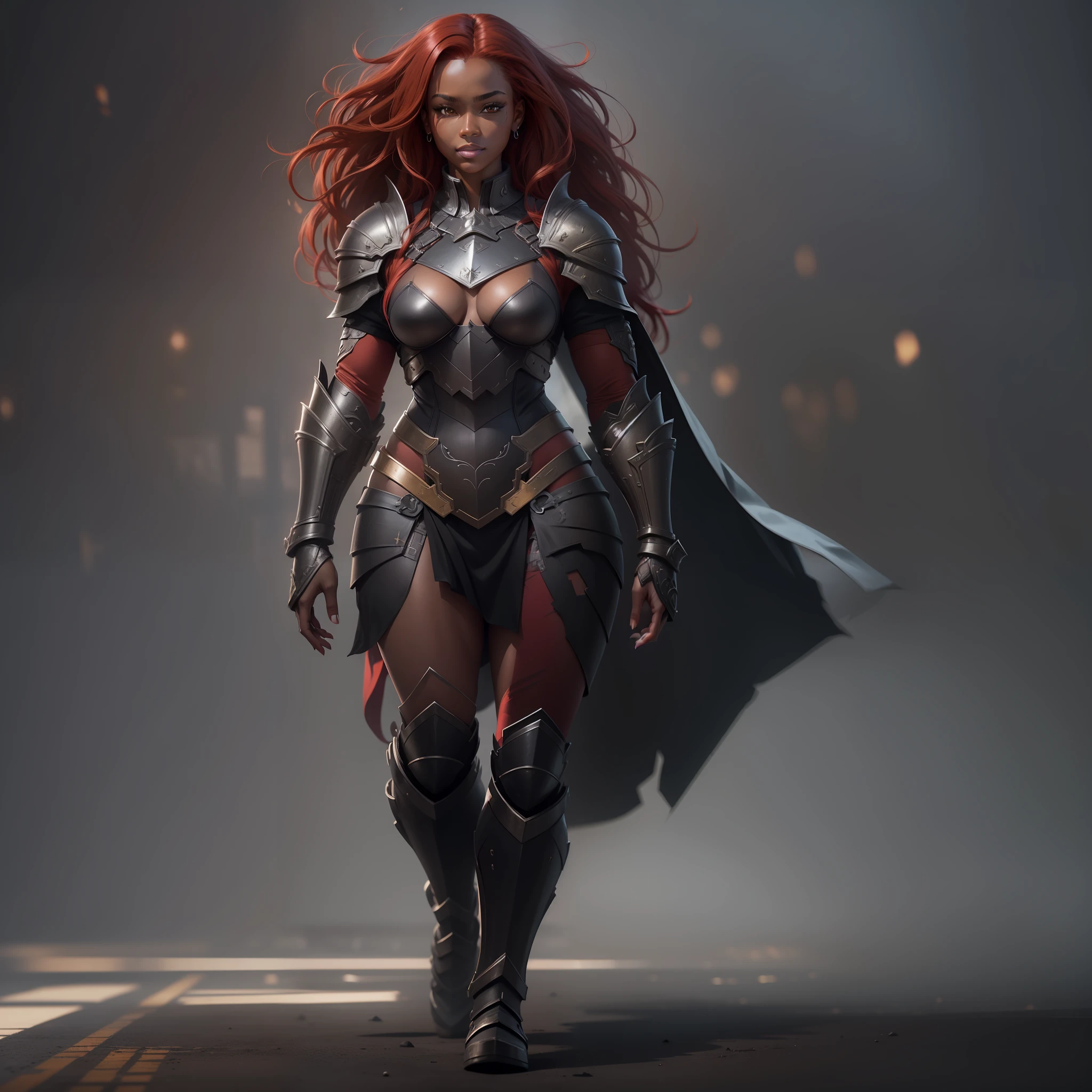 ((full body)), (straight red hair), black woman, dark skin, black warrior with straight red hair, amber yellow eyes with a piercing look, confident smile and heavy armor on her body with beautiful and perfect curves, muscular and lean flesh, woman, dinamic pose, rpg character, 4k, unreal engine, intricate, highly detailed, beautiful lighting, light fog, 8k, trending at Artstation, professional, dramatic, illustration, perfect art, award-winning portrait, f/22, symmetrical , dynamic poses.