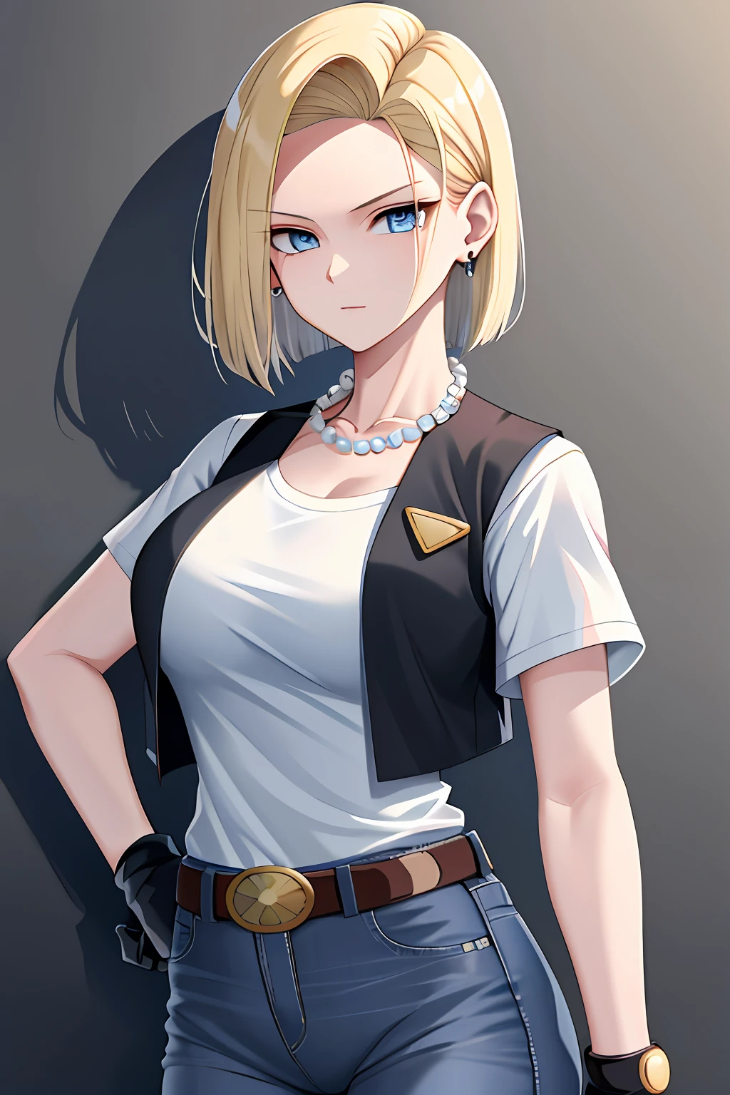 best quality, highres, and18, 1girl, android 18, solo, blonde hair, blue eyes, belt, jeans, pearl_necklace, bracelet, black gloves, white shirt, short hair, short sleeves, earrings, blue pants, open vest, black vest, large breasts, cowboy shot, street, straight-on,