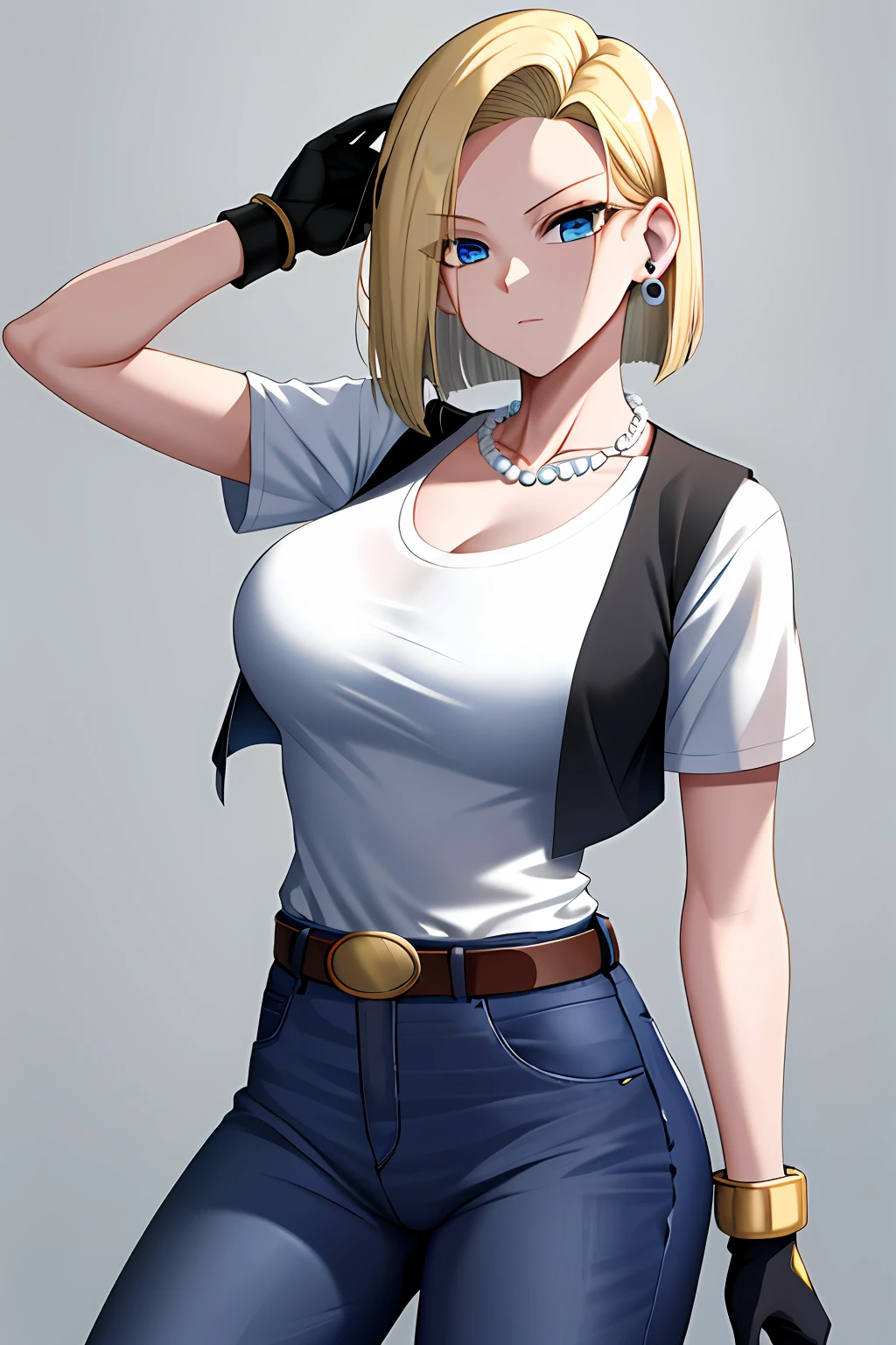 best quality, highres, and18, 1girl, android 18, solo, blonde hair, blue eyes, belt, jeans, pearl_necklace, bracelet, black gloves, white shirt, short hair, short sleeves, earrings, blue pants, open vest, black vest, large breasts, cowboy shot, street, straight-on,