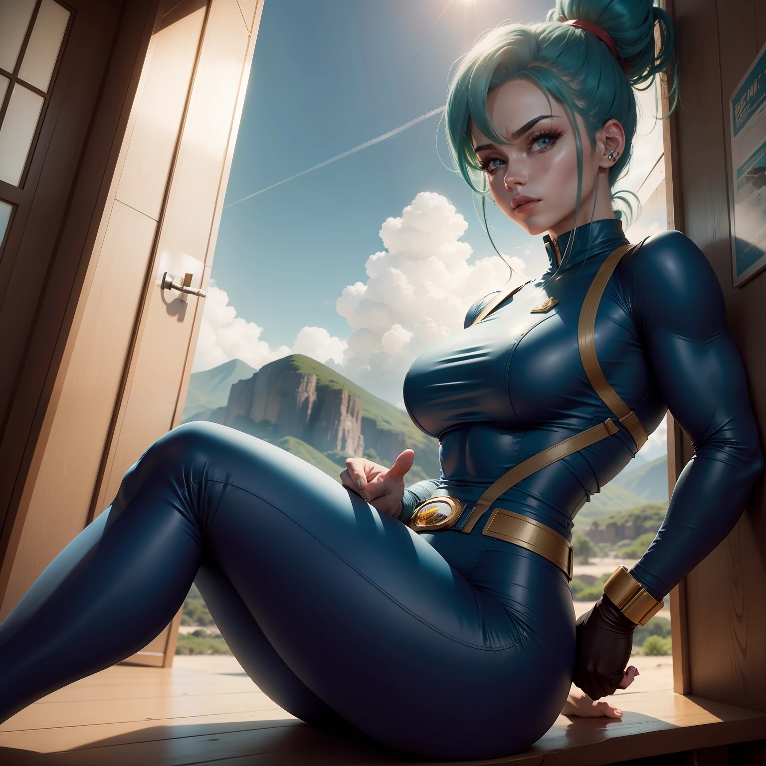 Bulma Dragon Ball Fanart realista, traje corporal da Capsulee corp, 8K,paisagem perfeita, Linda rosto fofo, e belos olhos, body manly and perfect