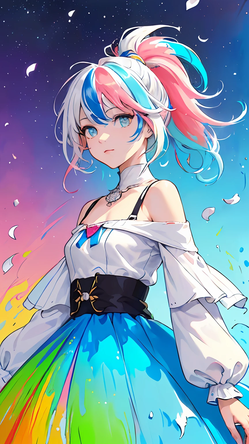 (Pink Fashion T-shirt:1.9),(Colorful hair: 1.8), (all the colours of the rainbow: 1.8),(((((vertical painting:1.6))), (painting:1.6),front, comics, illustrations, paintings, large eyes, crystal clear eyes,( rainbow color gradient high ponytail:1.7), exquisite makeup, closed mouth,(Small Fresh: 1.5),(Wipe Chest: 1.6) ,long eyelashes, white off shoulder T-shirt, White Shoulder Shirt,looking at the audience, large watery eyes, (rainbow colored hair:1.6), color splash, (solo:1.8), color splash, color explosion, thick paint style, messy lines, ((shining)),(colorful), (colorful), (colorful), colorful, Thick Paint Style, (Splash) (Color Splash), Vertical Painting, Upper Body, Paint Splash, Acrylic Pigment, Gradient, Paint, Highest Image Quality, Highest Quality, Masterpiece, Solo, Depth of Field, Face Paint, colorful clothes, (Elegant: 1.2), gorgeous,long hair, wind, (Elegant: 1.3), (Petals: 1.4),(((masterpiece))),(((best quality))),((ultra-detailed)),(illustration),(dynamic angle),((floating)),(paint),((disheveled hair)),(solo),(1girl) , (((detailed anima face))),((beautiful detailed face)),collar,bare shoulders,white hair, ((colorful hair)),((streaked hair)),beautiful detailed eyes,(Gradient color eyes),(((colorful eyes))),(((colorful background))),(((high saturation))),(((surrounded by colorful splashes))),